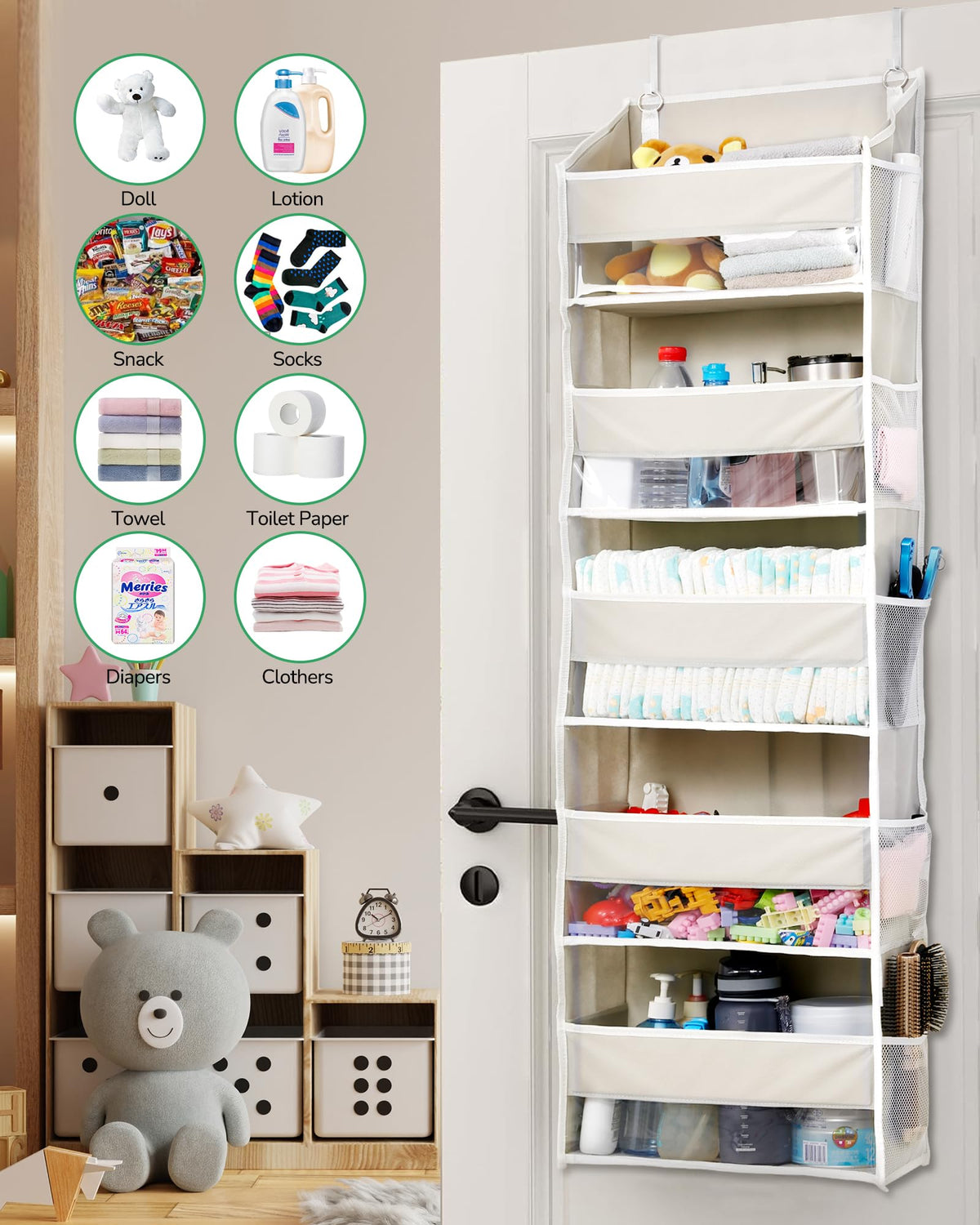1 Pack Over Door Organizer with 5 Large Pockets 10 Mesh Side Pockets