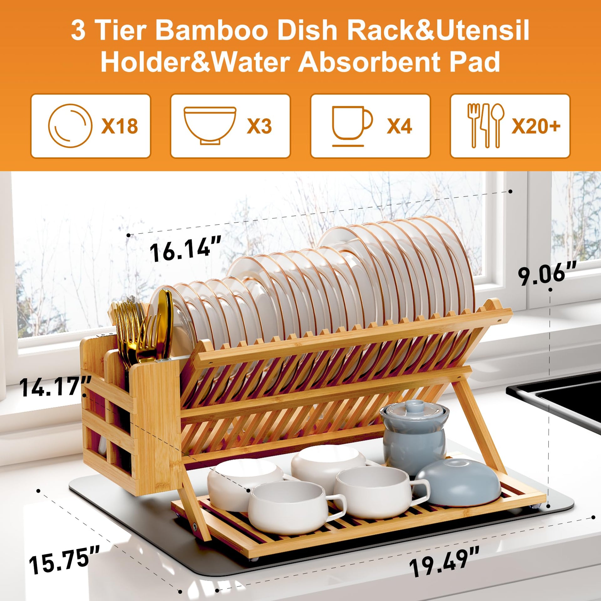 Bamboo Dish Drying Rack with Utensil Holder