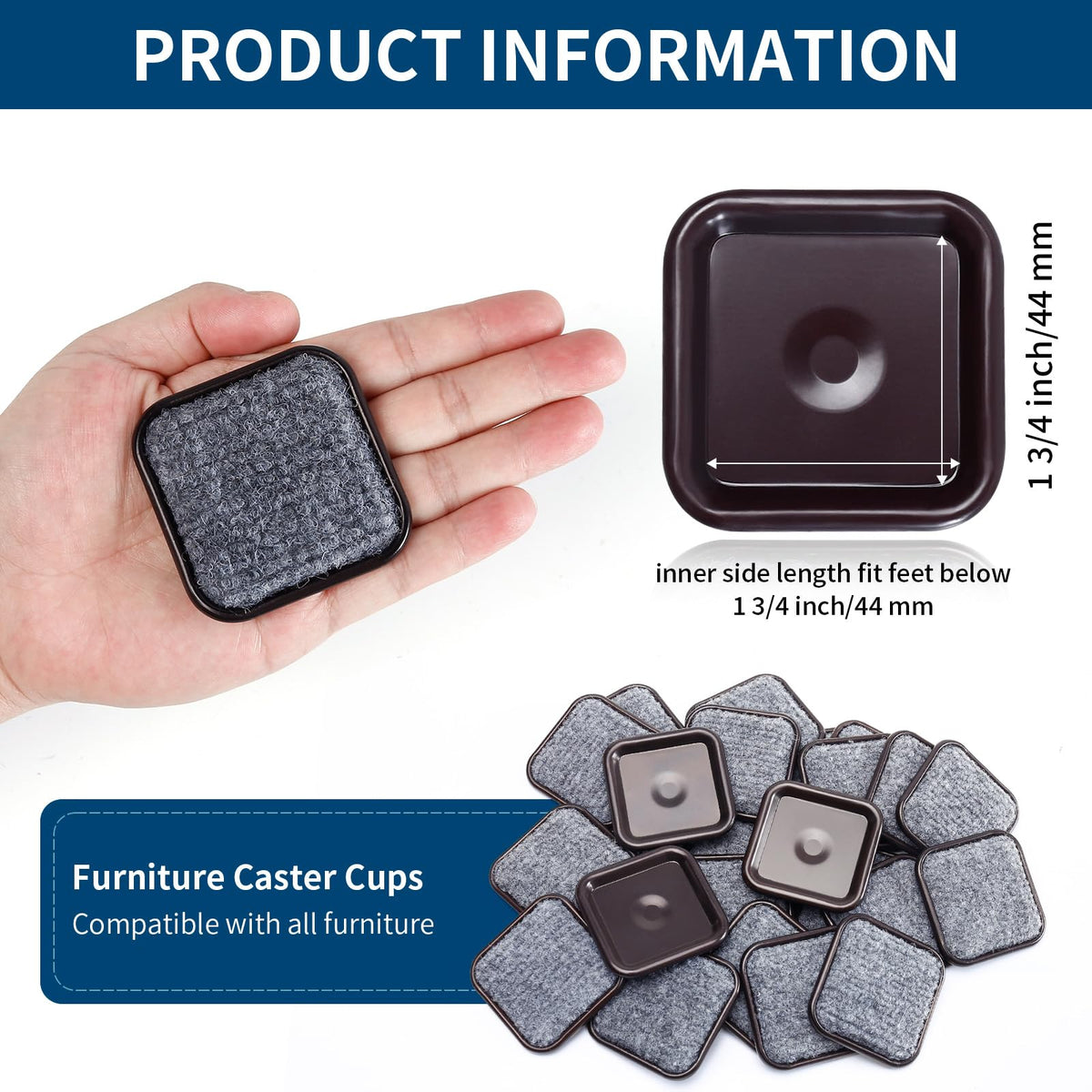 1.63" Square Carpet Bottom Furniture Caster Cups (16 Count)