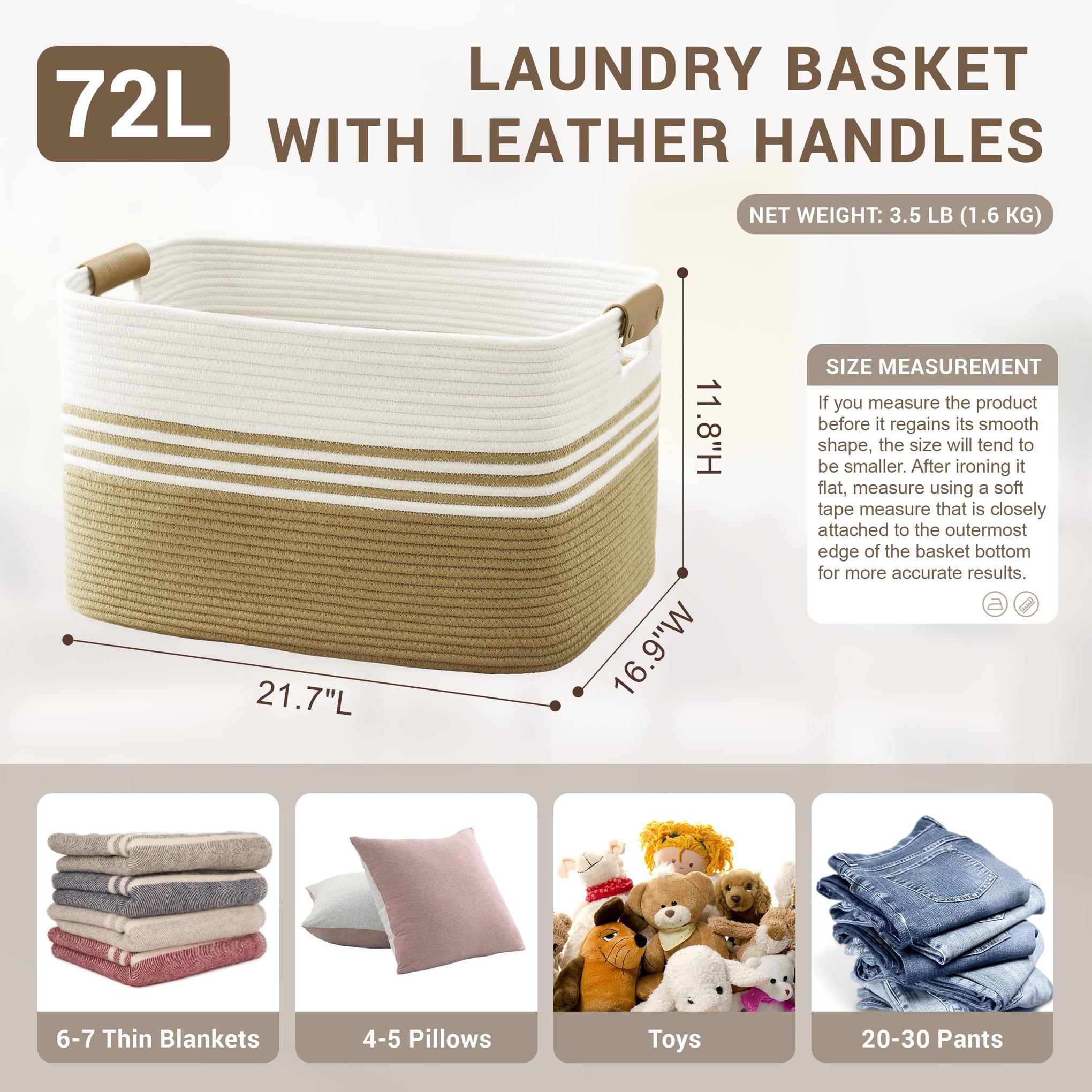 72L Large Woven Laundry Basket Hamper with Leather Handles - ModHome Supplies