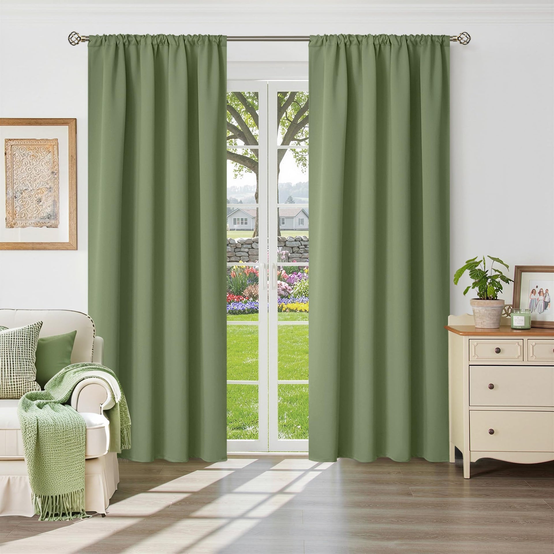 Olive Green Blackout Curtains 90 Inch Length for Living Room Spring Decor (2 Count)