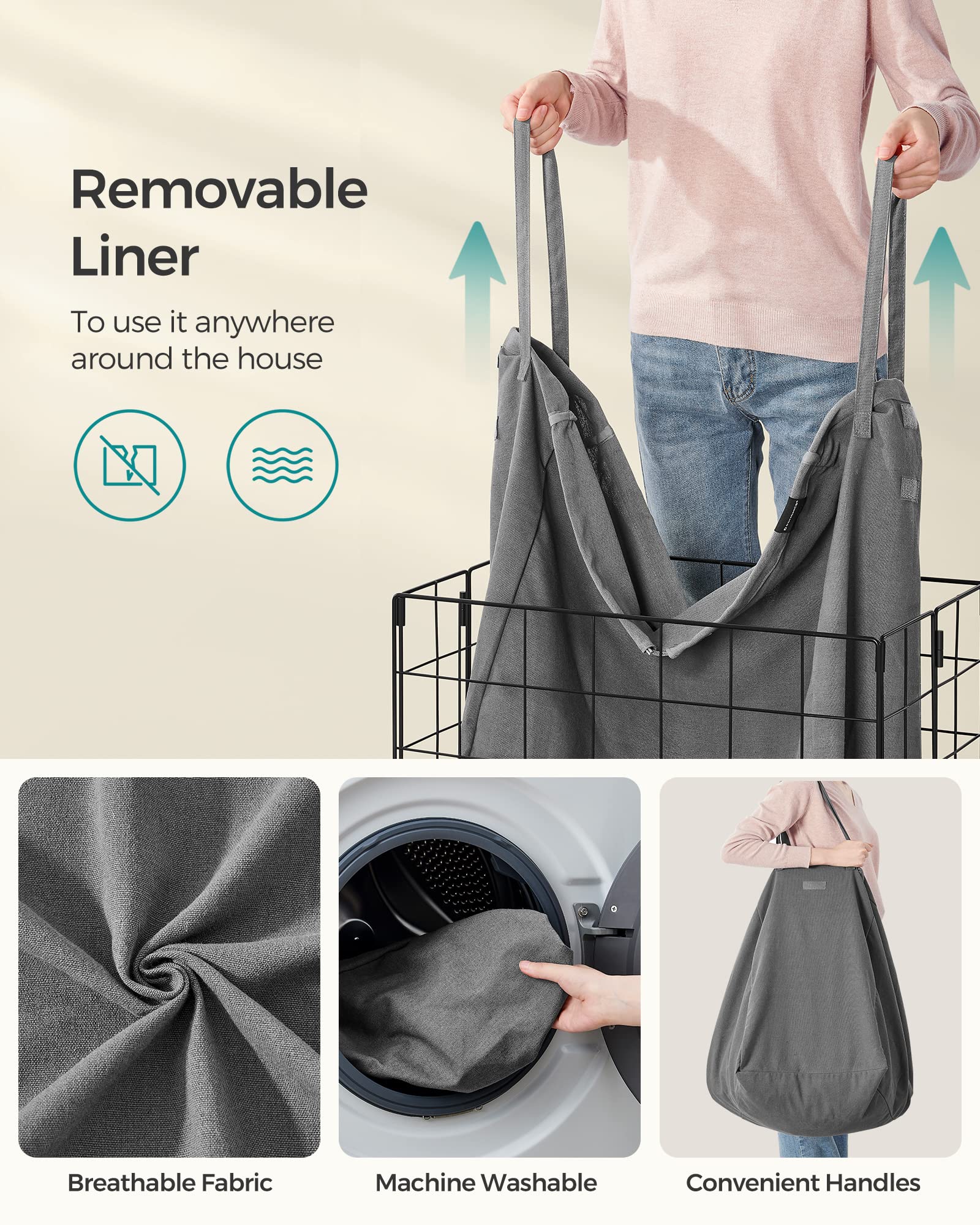 29 Gal. (110L) Laundry Basket, Laundry Hamper, Collapsible Clothes Hamper, Removable and Washable Liner, Metal Wire Frame, for Bedroom Bathroom, Black and Gray ULCB111G01 - ModHome Supplies