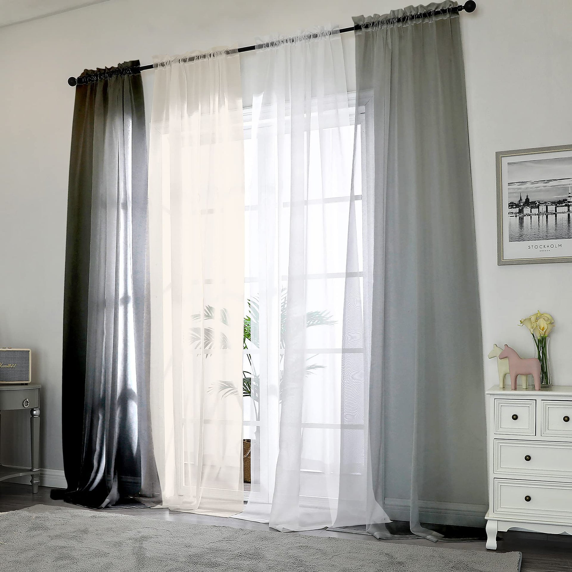 White Sheer Curtains 108 Inch Length 2 Panels Set