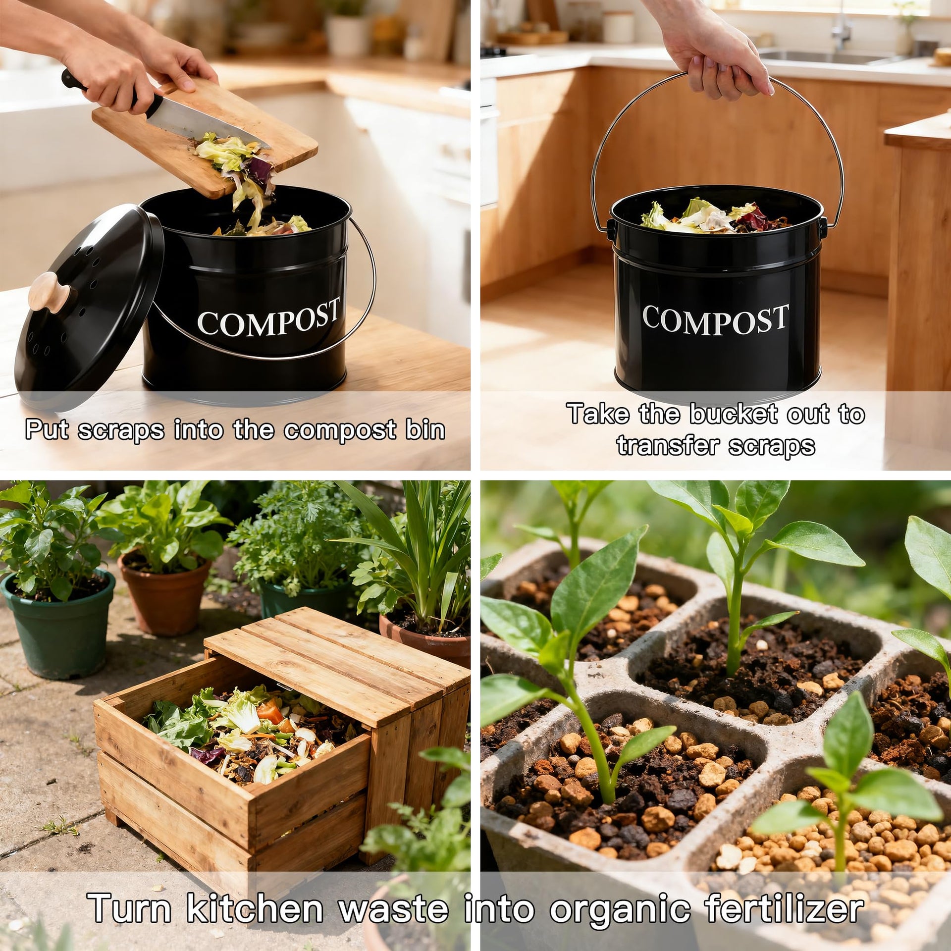 Compost Bin 1 Gallon Countertop Composter with Lid and Charcoal Filters