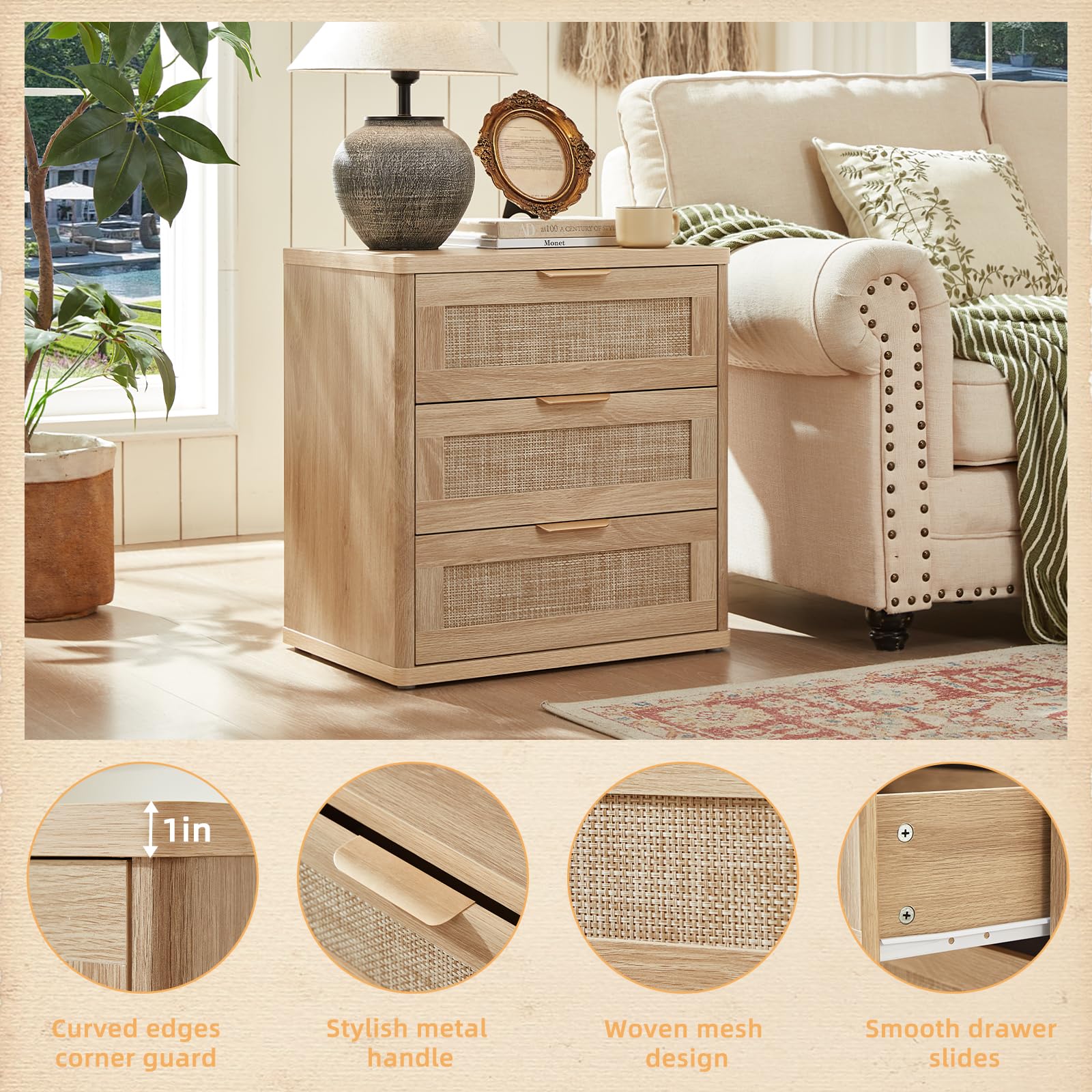 Rattan 23" Nightstands with Drawers for Bedroom