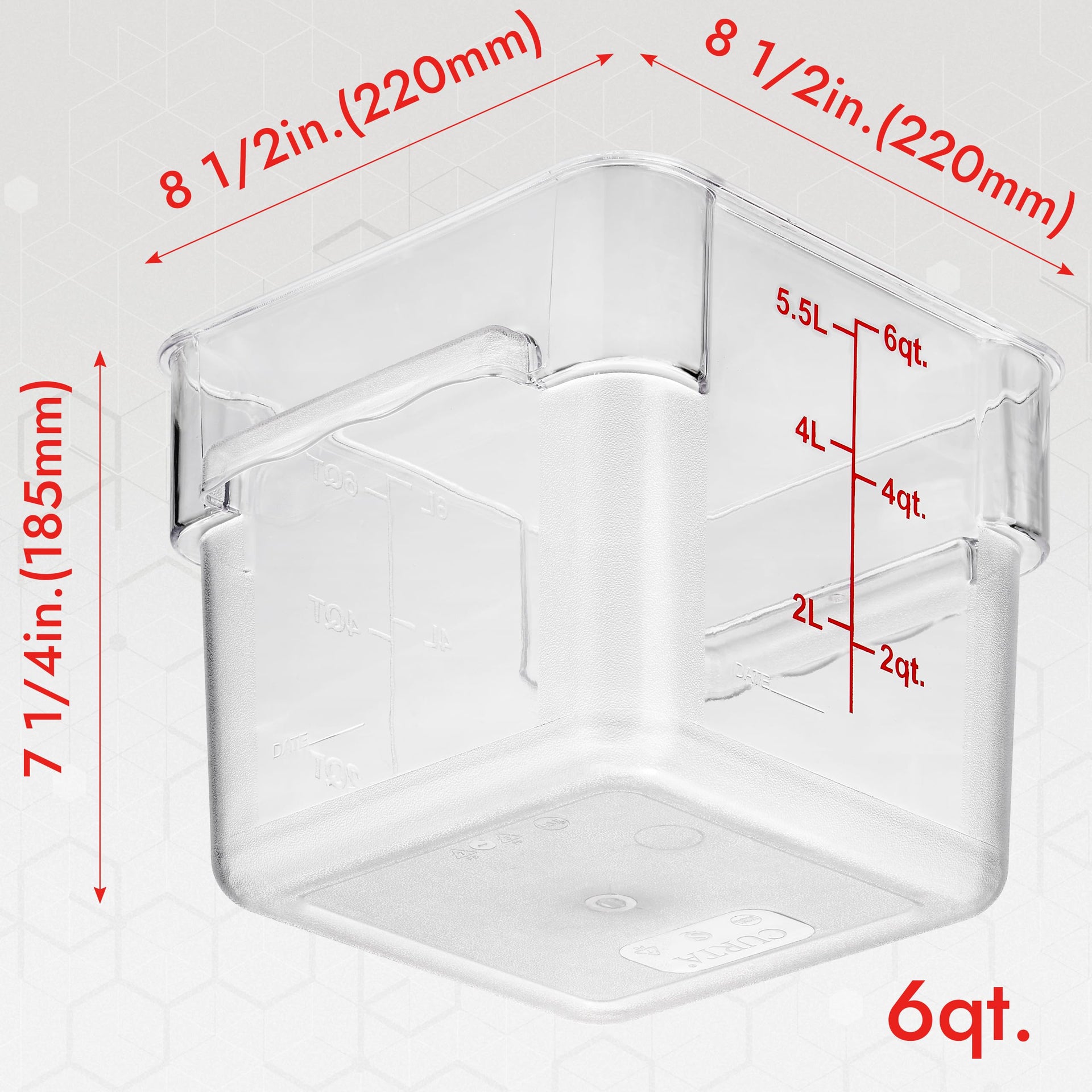 8 Pack 6 Qt NSF Clear Polycarbonate Food Storage Containers with Red Lids (8 Count)