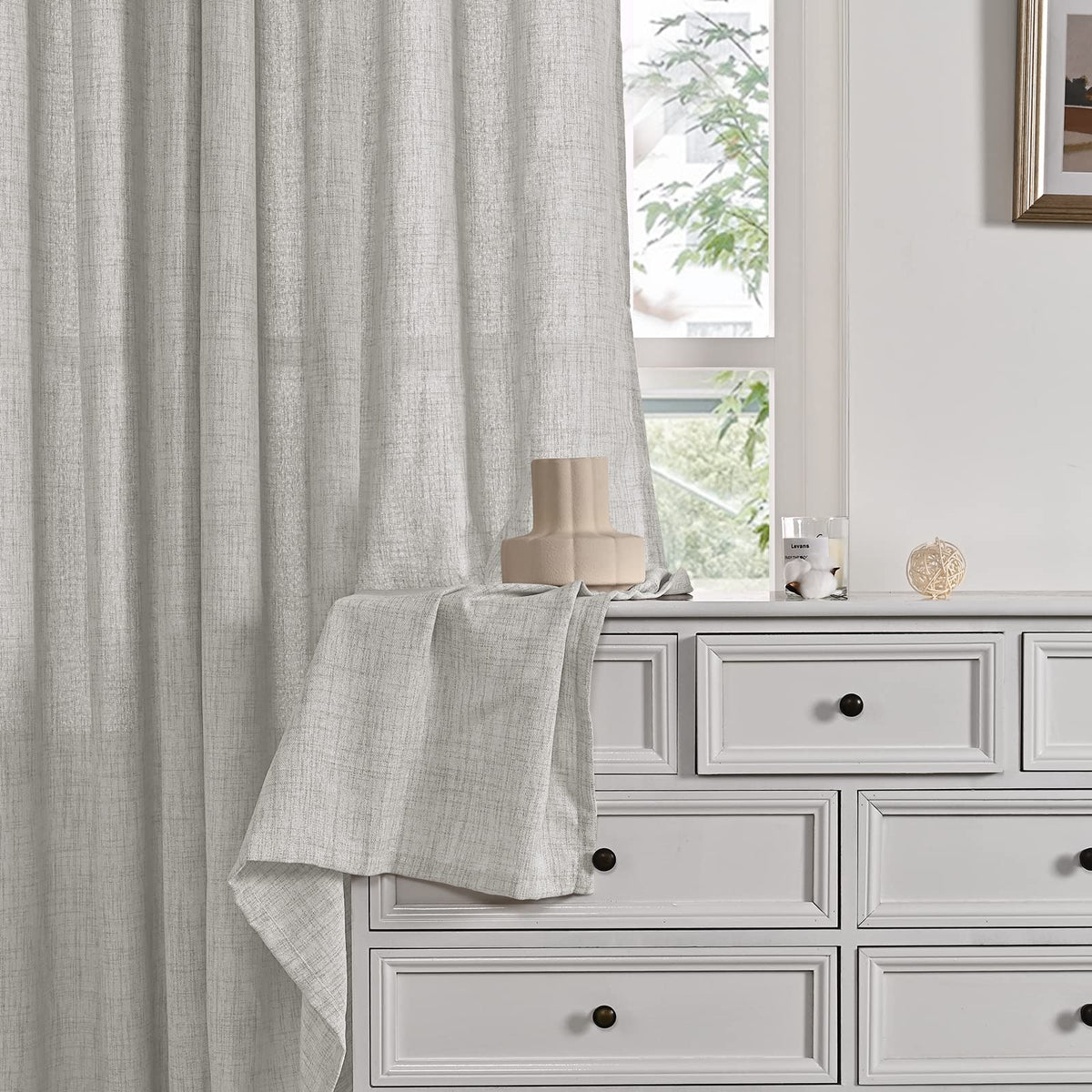 Light Grey Linen Semi Sheer Curtains 52x63 Inch Length for Living Room (2 Count)