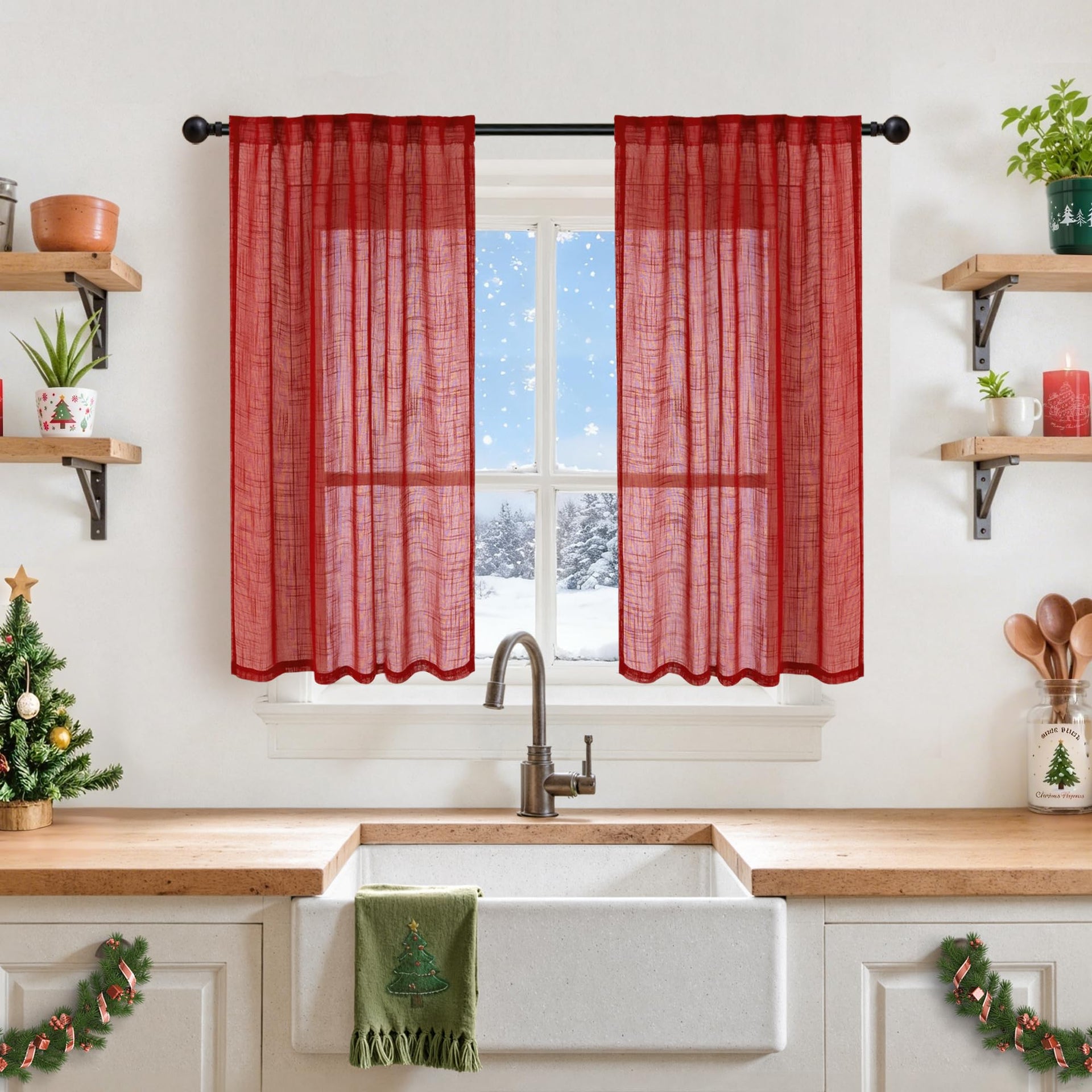 Red Linen Kitchen Window Curtains 45 Inch Length (2 Count)