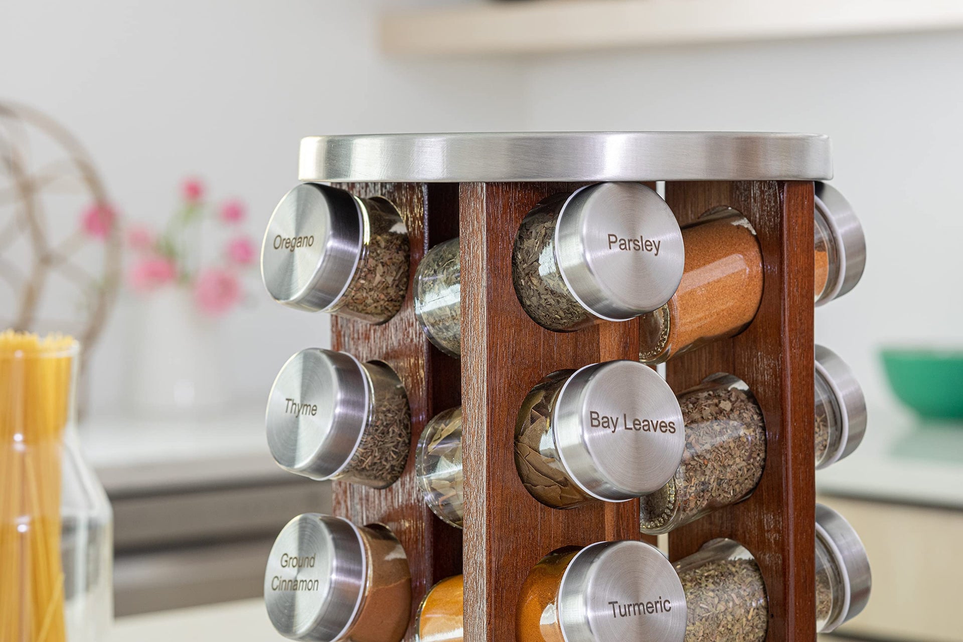 20 Jar Rotating Dark Acacia Wood Spice Rack with Spices Included & 5