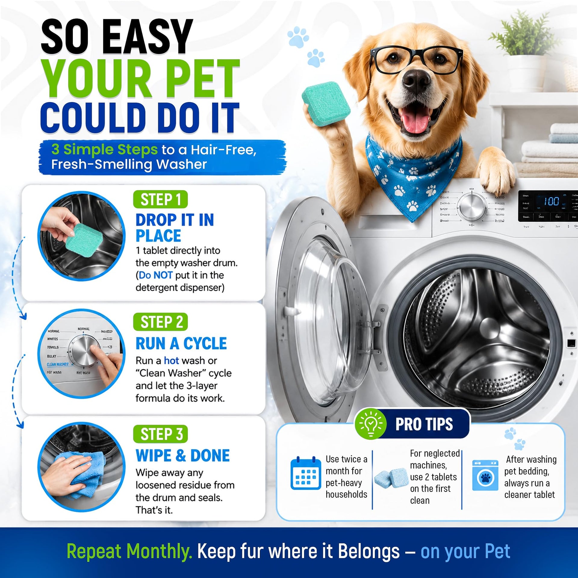 Deep Clean Washing Machine Cleaner Enzyme Pet Hair Dissolver (24 Count)