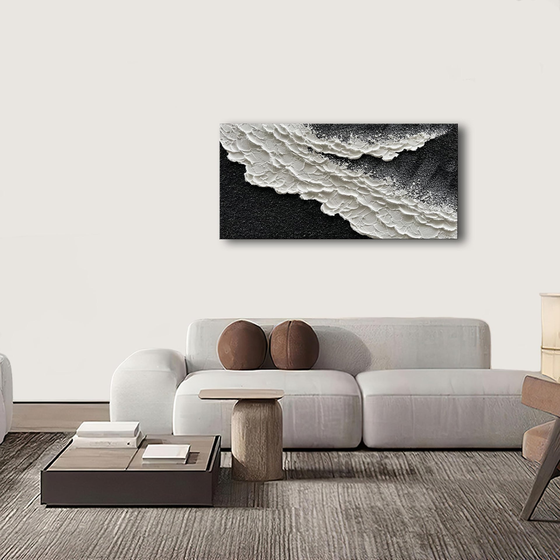 24x48 Inch Hand Painted 3D Ocean Wave Landscape Oil Painting Black and White Abstract Canvas Art Mural Family Wall Decoration Art