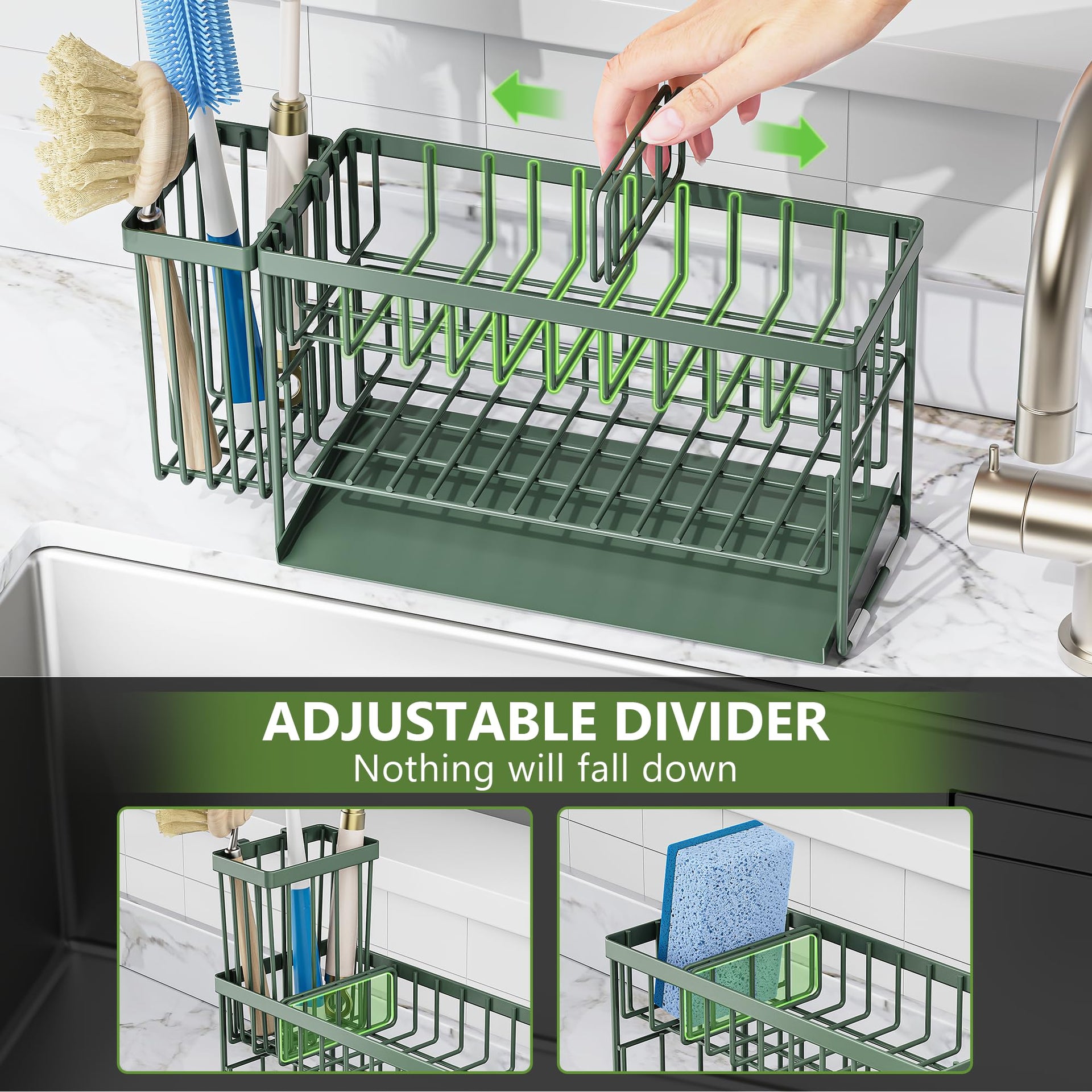 Sage Green 2 Tier Kitchen Sink Caddy Organzier Rack with Flexible Dish Brush Holder