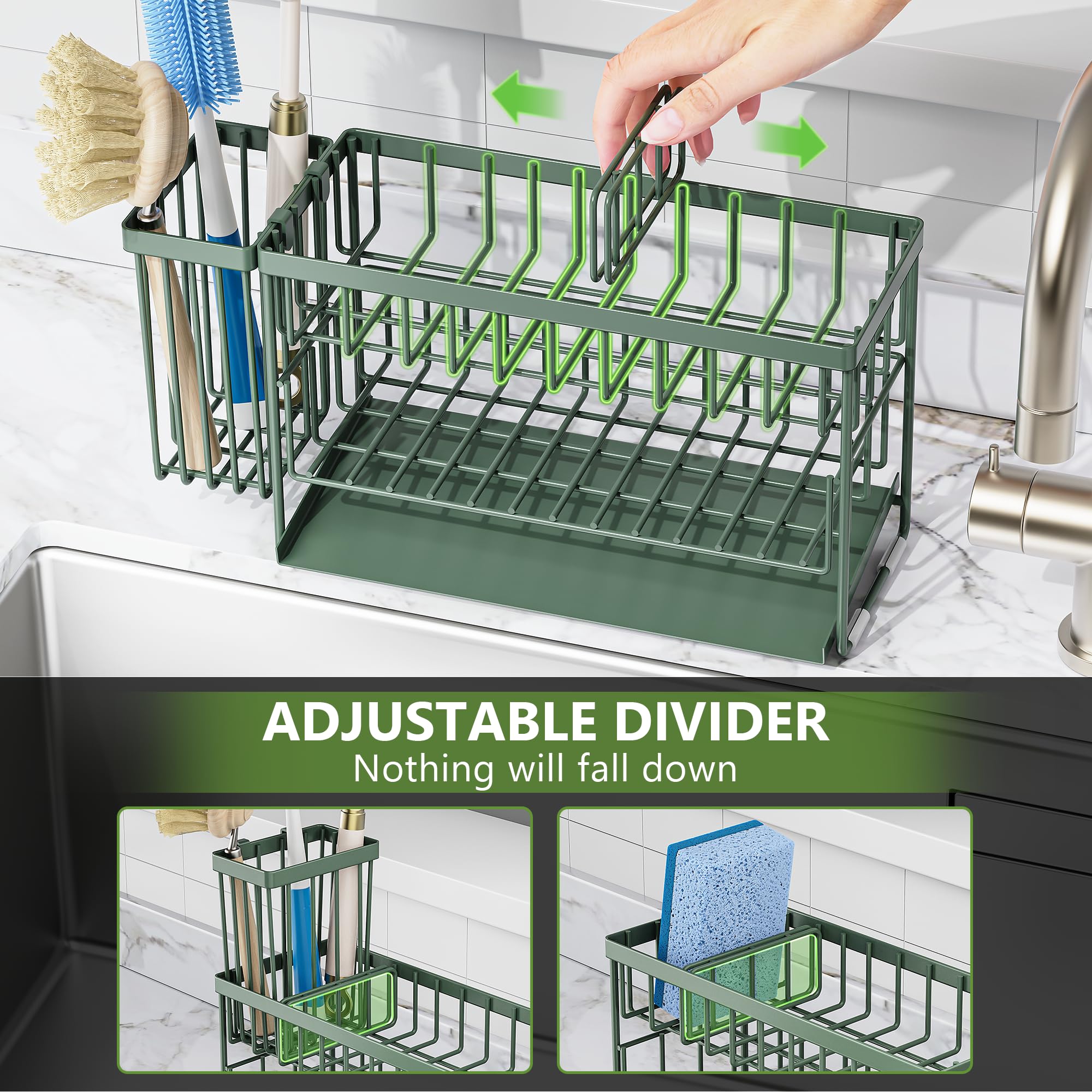 Sage Green 2 Tier Kitchen Sink Caddy Organzier Rack with Flexible Dish Brush Holder