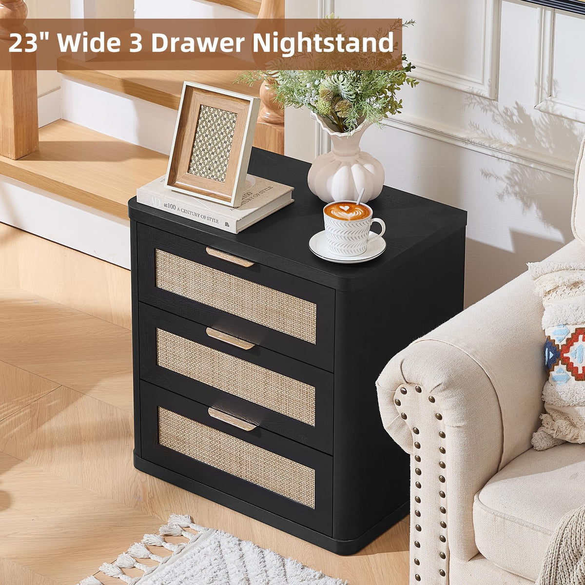Rattan 23" Nightstands Set of 2 with Drawers for Bedroom (2 Count)