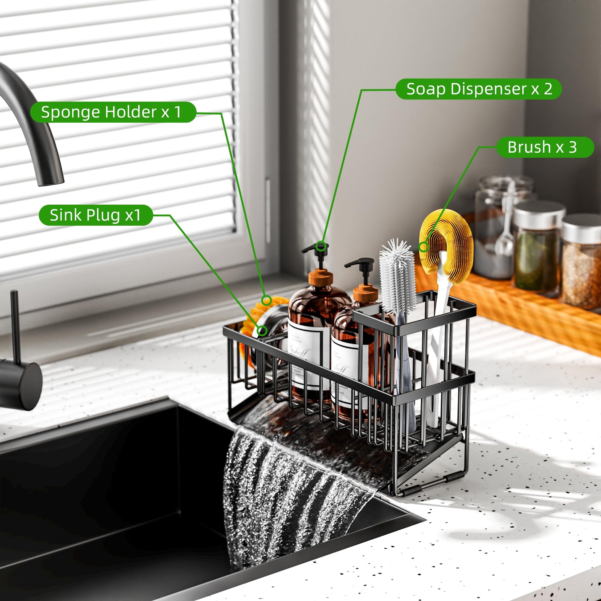 Extra Large Kitchen Sink Caddy Organzier with High Brush Holder