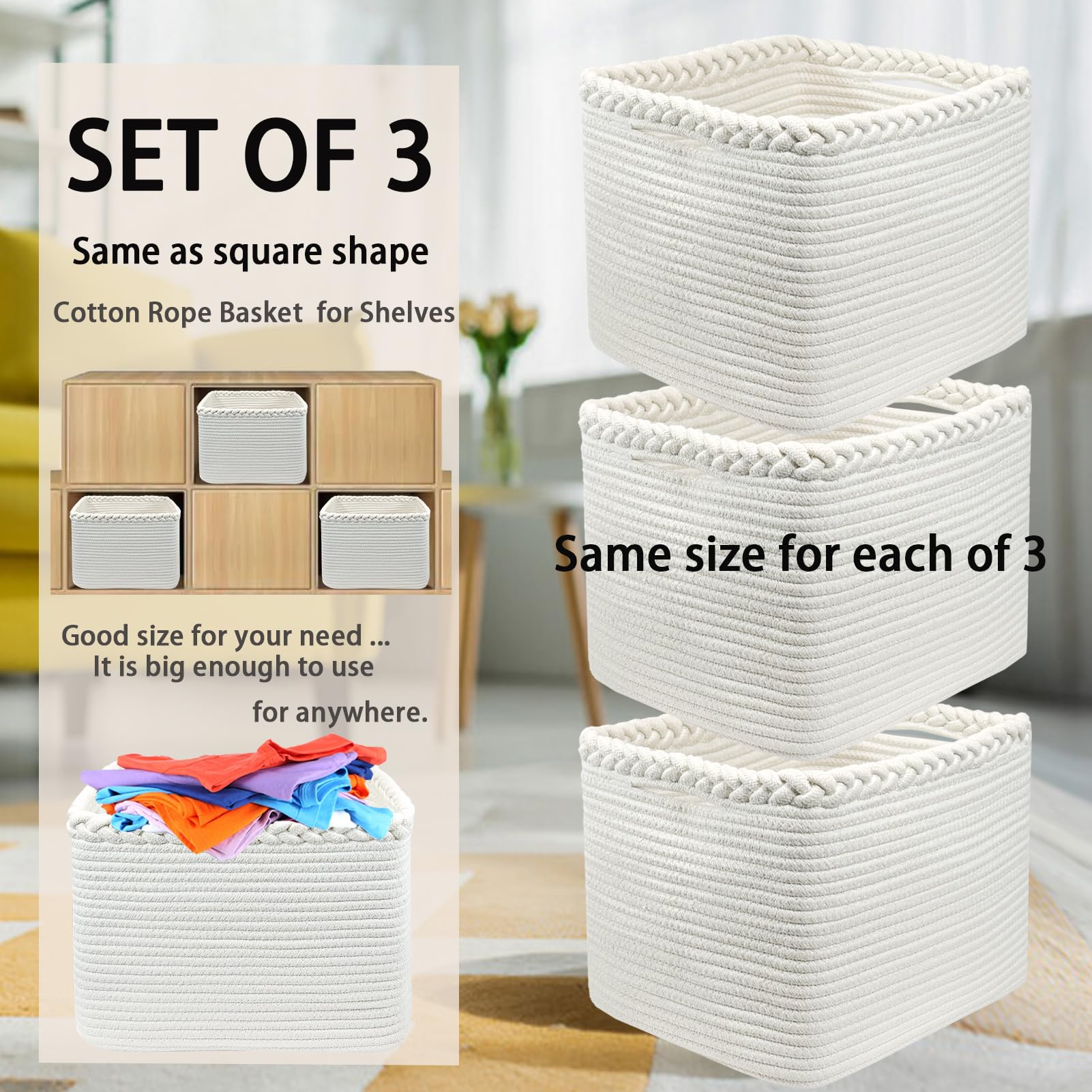 3PACK Cotton Rope Square Basket with Handles for Shelves (3 Count)