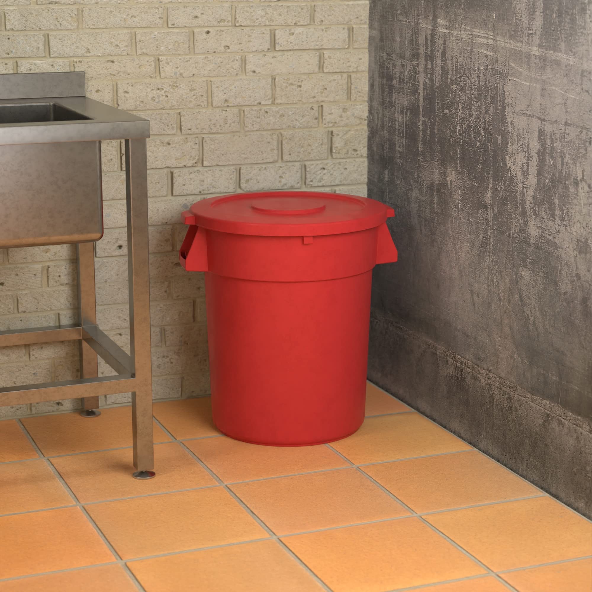 32 Gallon Red Round Commercial Trash Can with Lid