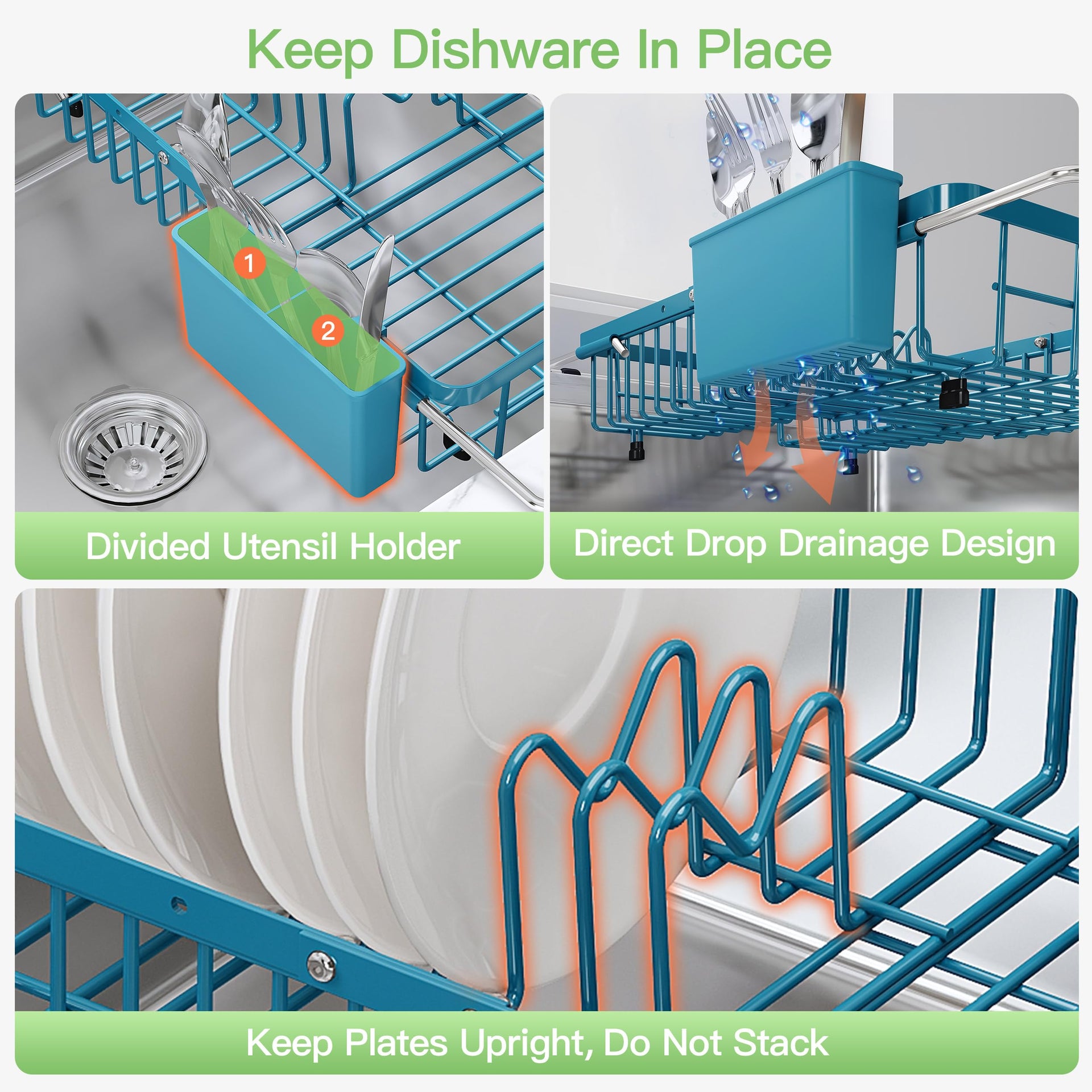 Blue Dish Drying Rack Over the Sink with Utensil Holder