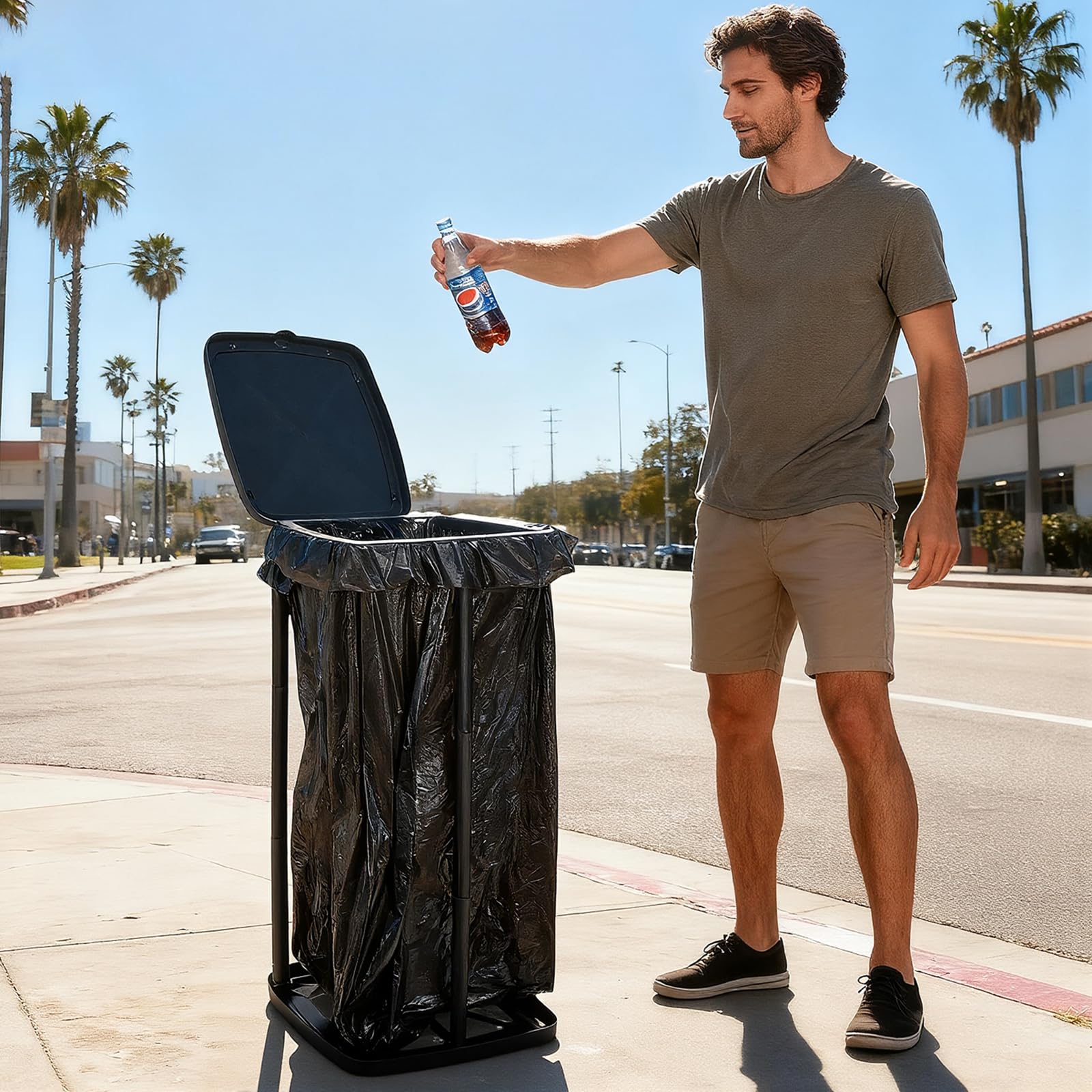 Portable Trash Bag Holder Collapsible Garbage Bin with Lid and Bands