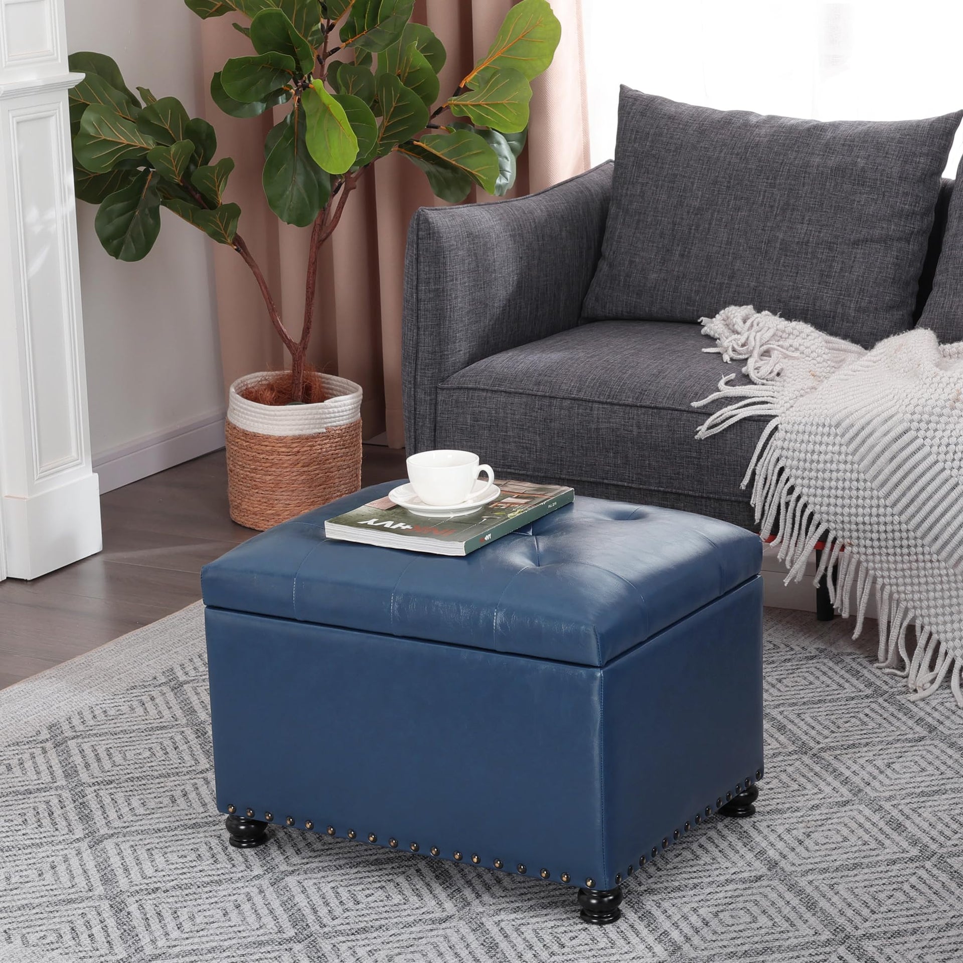 Faux Leather Storage Ottoman Bench Rectangle 24 Inch Foot Rest Ottomans