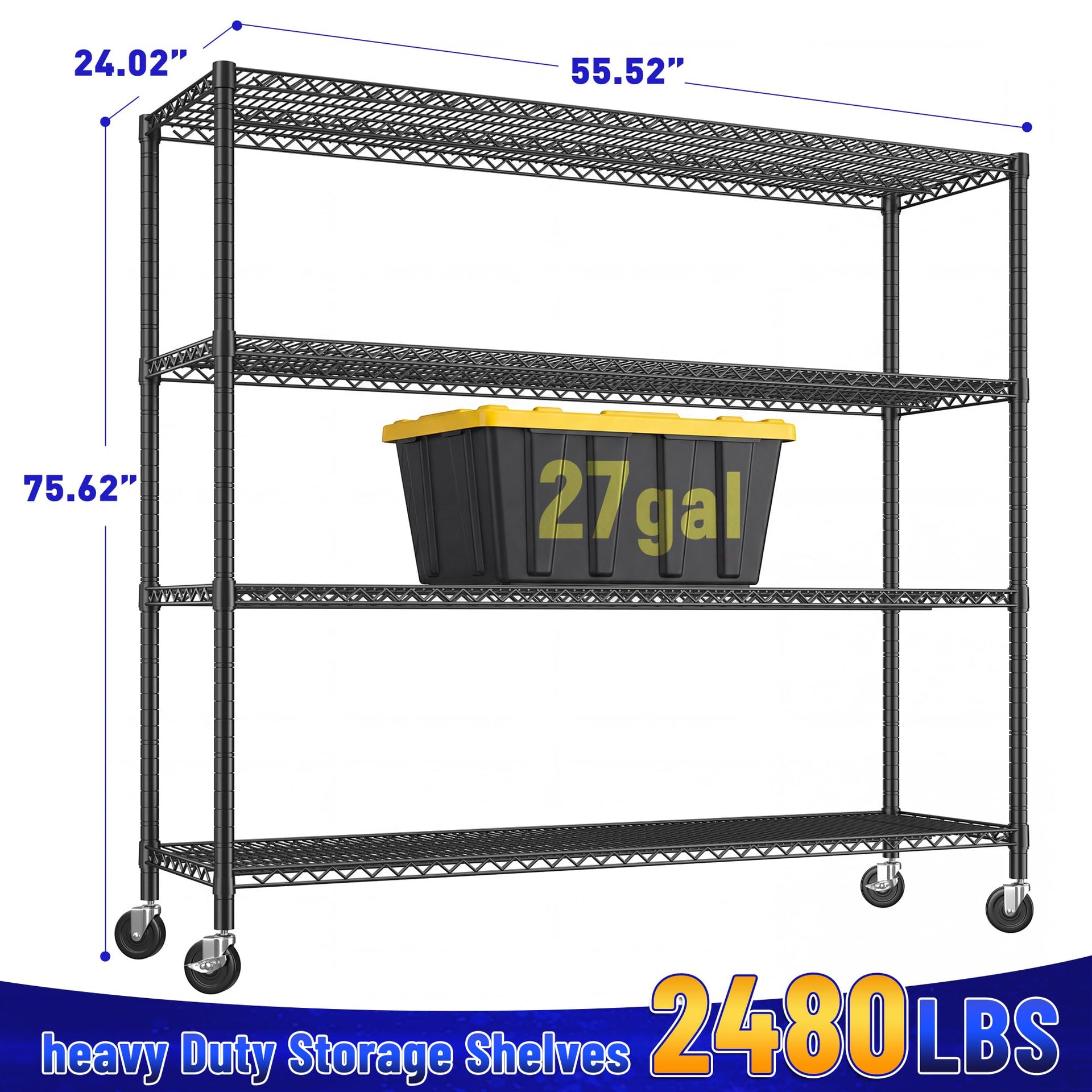 55.52''W Storage Shelves 2480LBS Wire Shelving Unit with Wheels Heavy Duty Metal Shelves for Storage Adjustable Garage Storage Rack Pantry Shelf (3 Count)