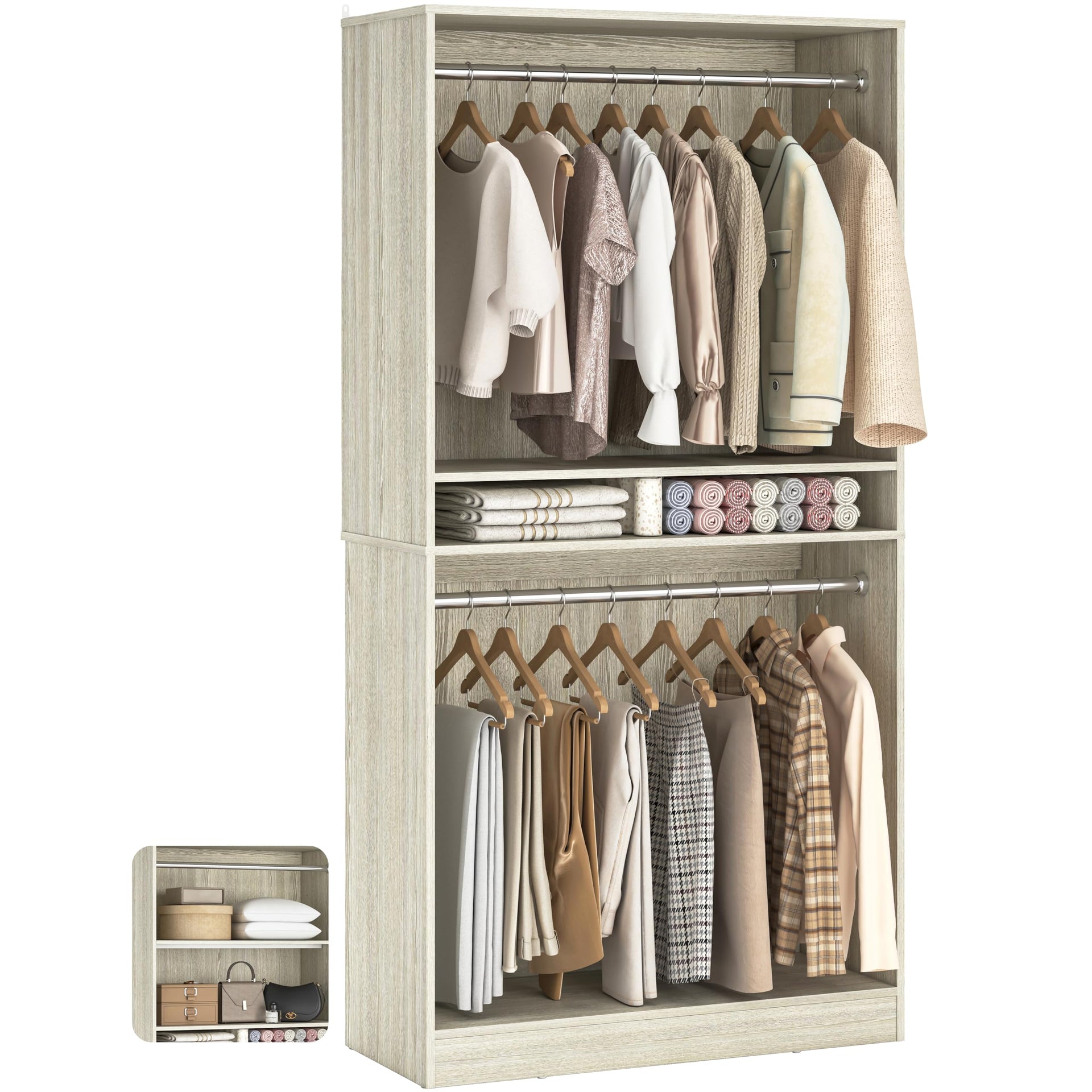 3FT Freestanding Closet System with 2 Hanging Rods & Adjustable Shelve