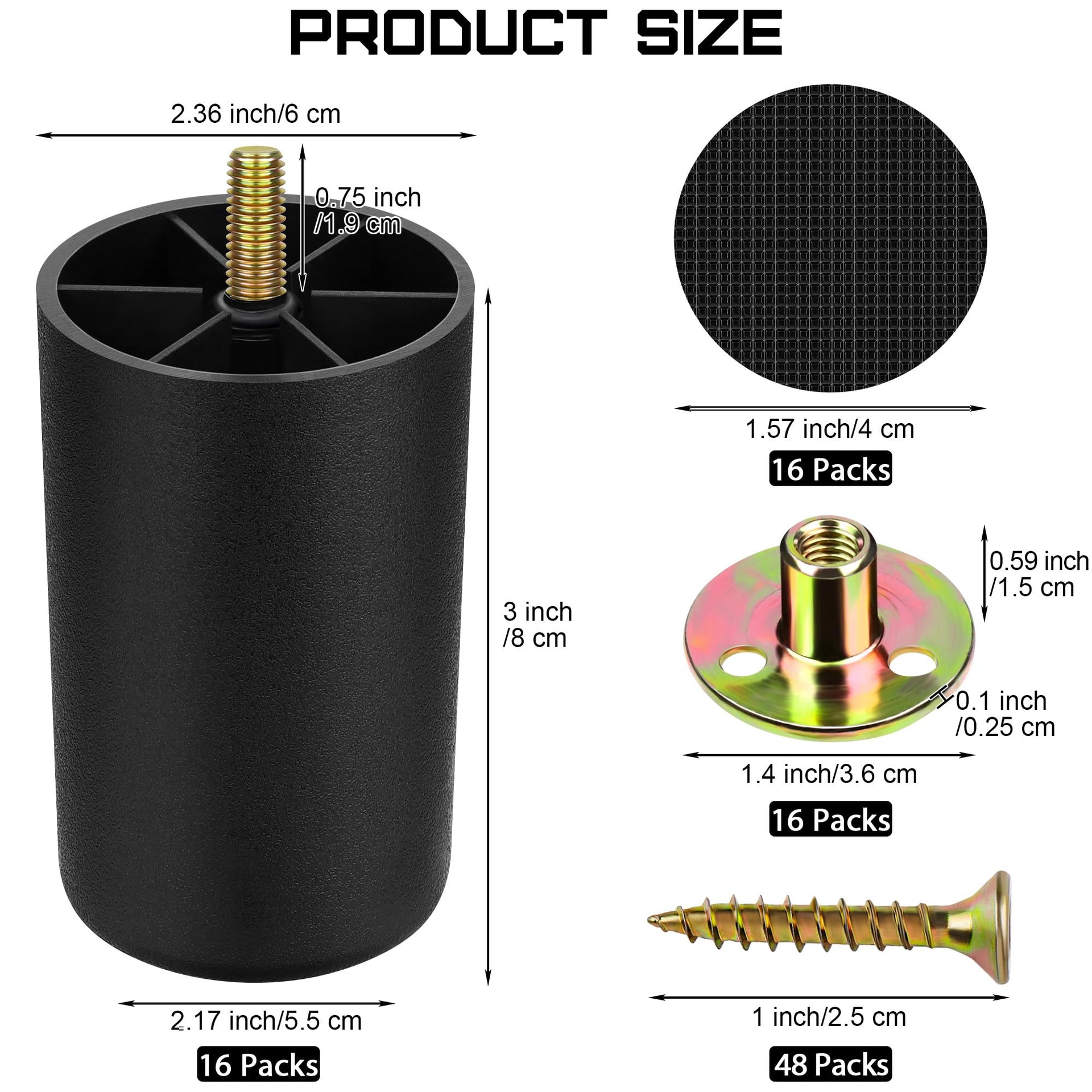 16 Pack 3 Inch Plastic Furniture Legs with M8 T
