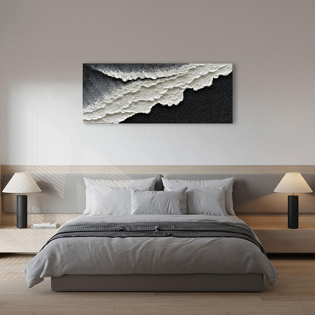 Hand Painted 3D Beach Wave Landscape Oil Painting Black and White Abstract Canvas Art Mural Family Wall Art Deco 24x60 inches