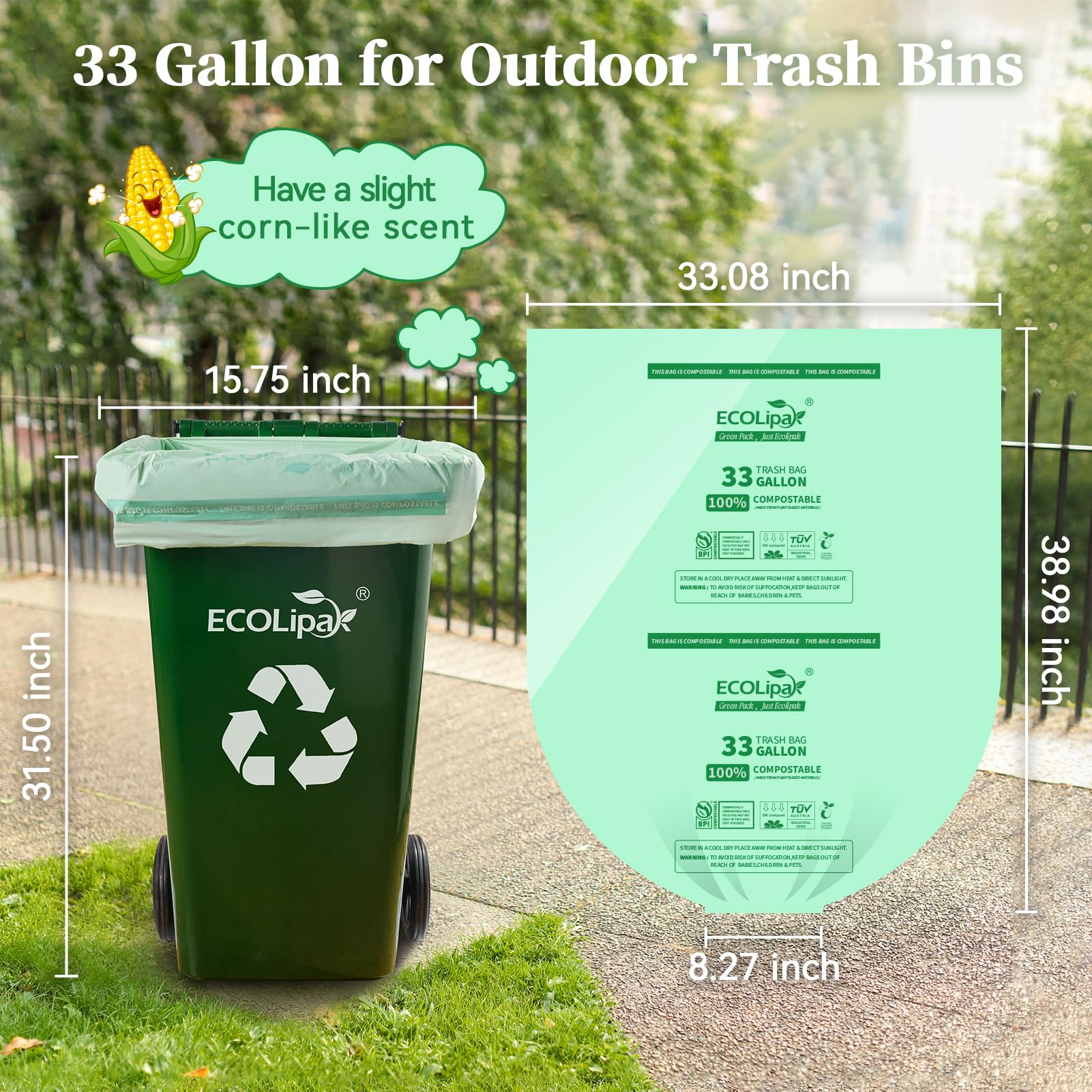33 Gallon 50 Count Large Compostable Trash Garbage Bags for Lawn