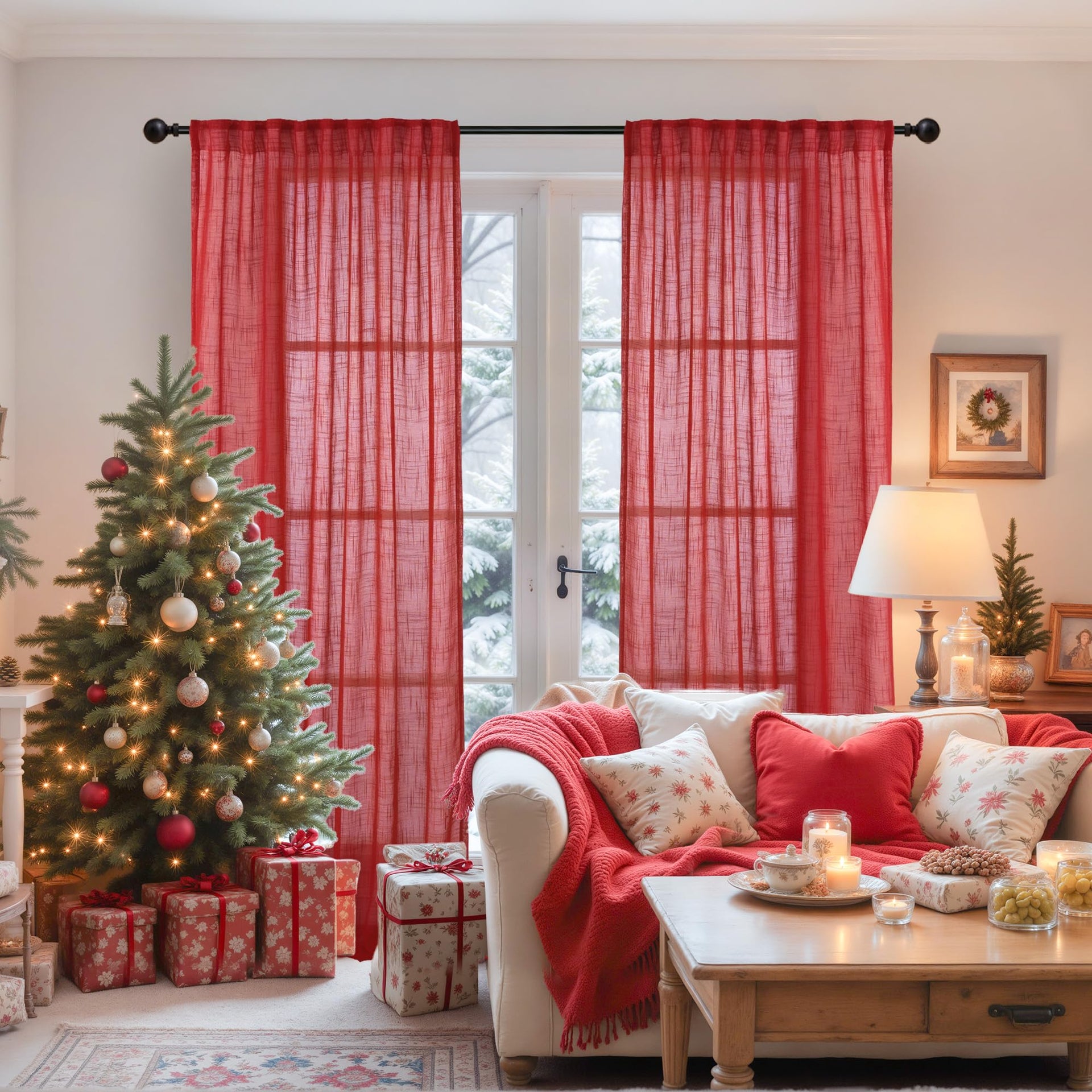 Red Linen Semi Sheer Curtains 84 Inch Length (2 Count)