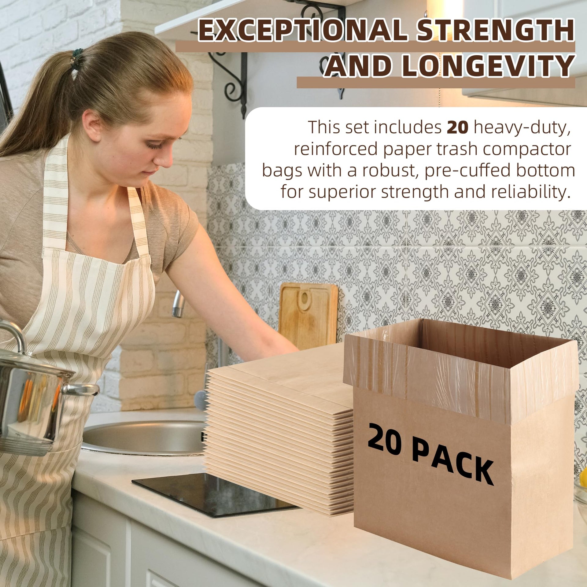 20-Pack) Calvana Super Strong Compactor Bags, Heavy-Duty Kitchen Paper Trash Bags with Leak Proof Plastic Liner, Reinforced Bottom, Fits GE Model Compactors with Rectangular Containers (20 Count)