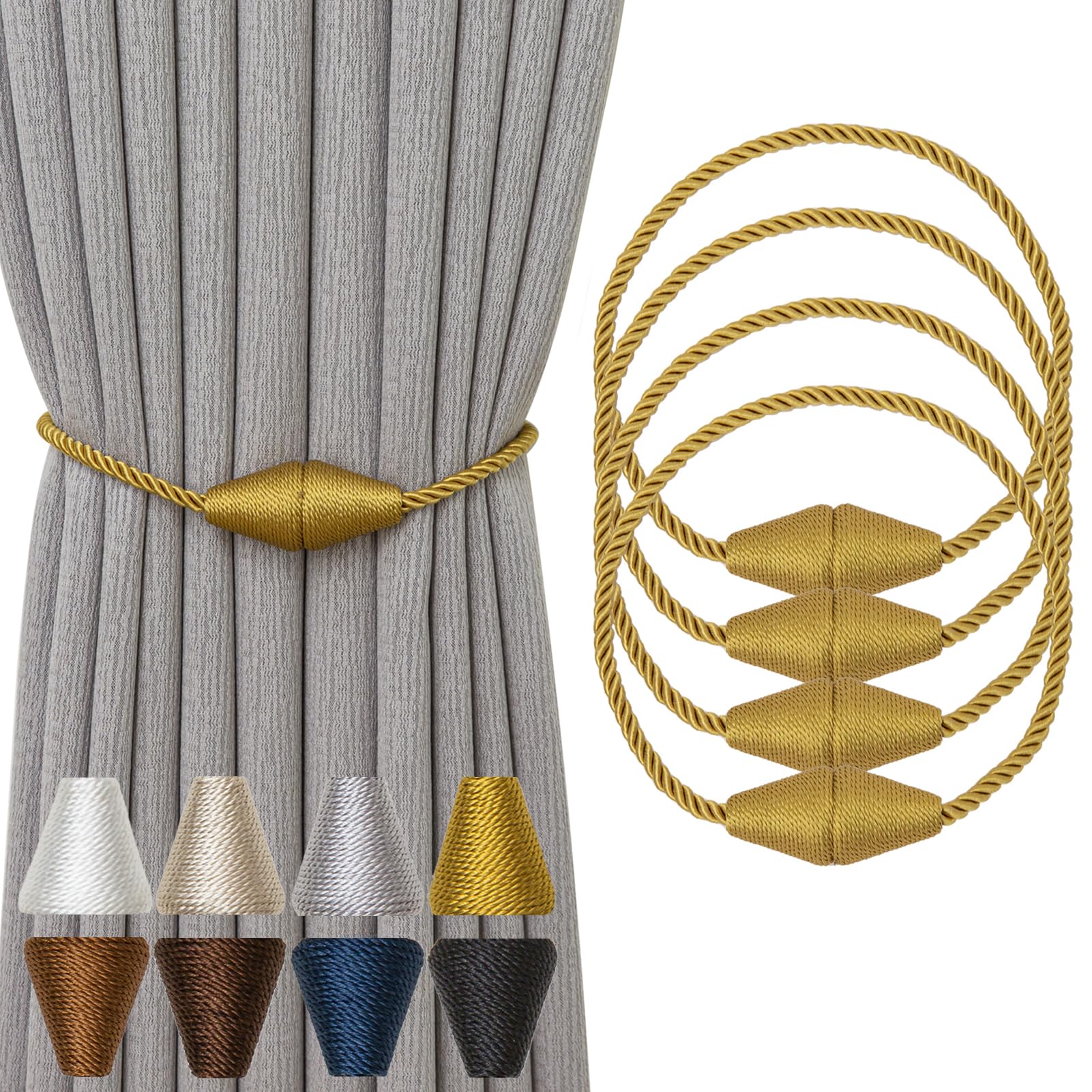 Magnetic Curtain Tiebacks 4 Pack Outdoor Rope Curtain Tie Backs Decorative Window Treatment Holdbacks for Home Decorative Curtain (4 Count)