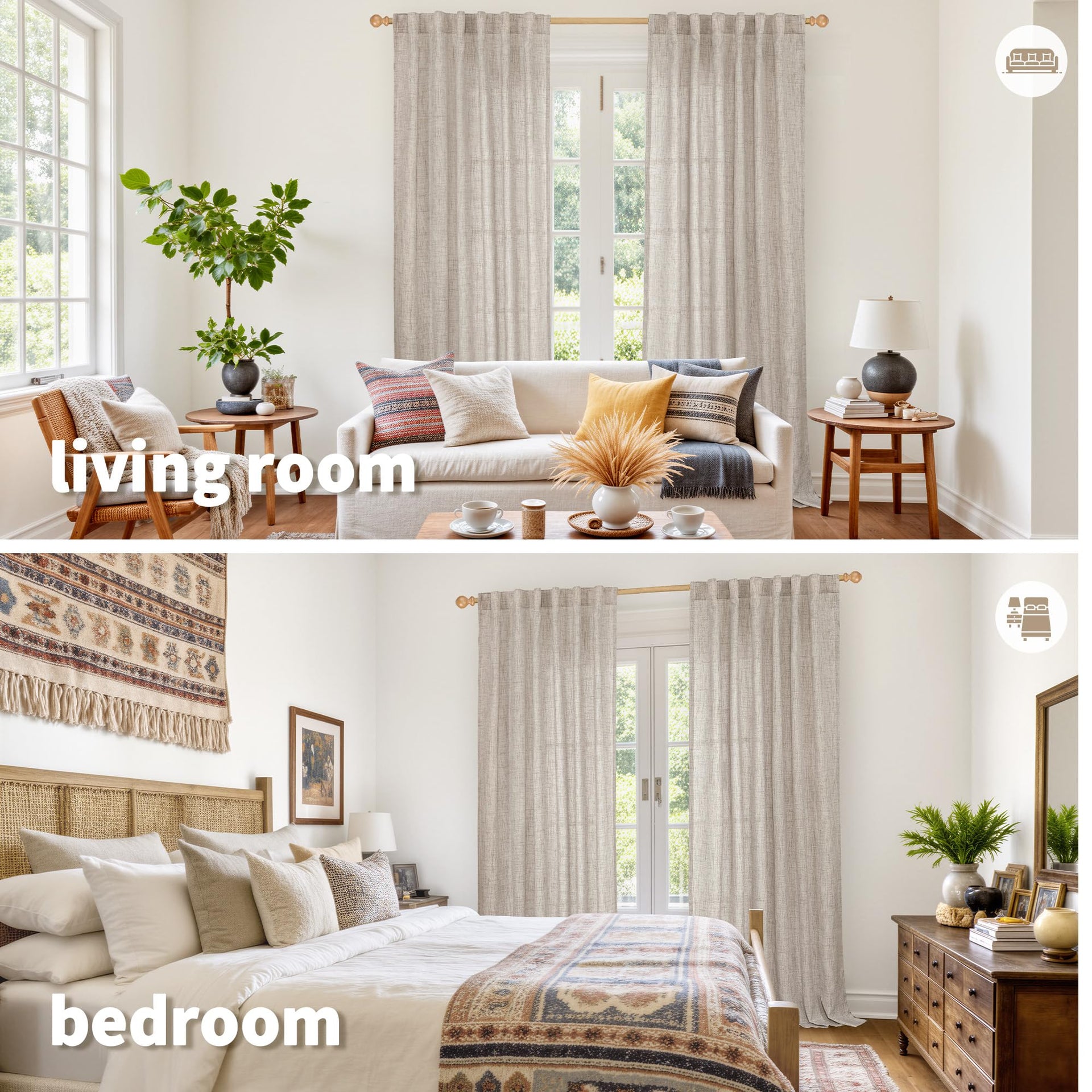 Linen Semi Sheer Curtains 108 Inches Long 2 Panels Set (2 Count)