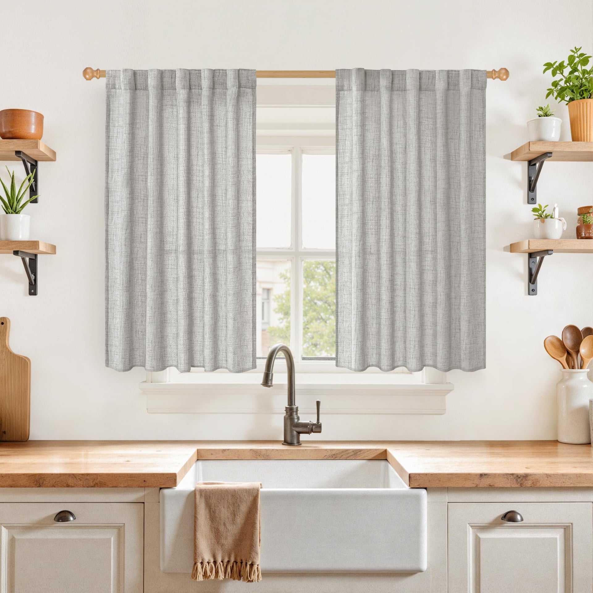 Dark Grey Linen Kitchen Curtains 40 Inches Long 2 Panels Set (2 Count)
