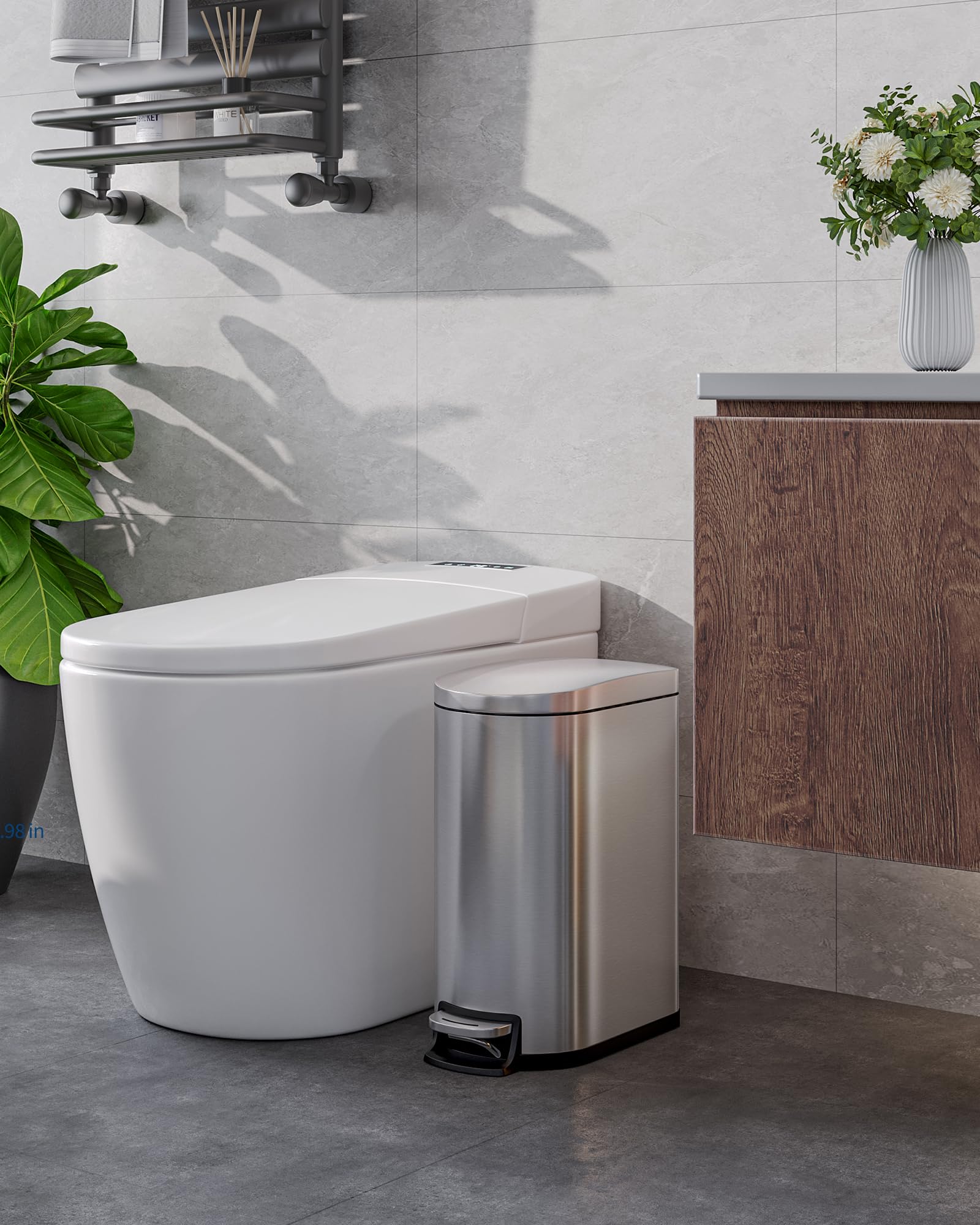 13 gal (50 L) and 2.6 gal (10 L) Stainless Steel Trash Can Combo Set, Rustproof Garbage Can with Lid for Kitchen and Bathroom, Step-on Trash Bin with Inner Bucket, Rear Handle, Silver