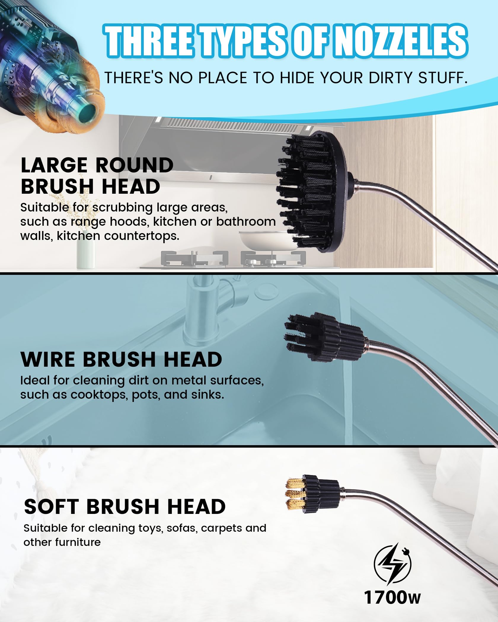 1700W Tankless Handheld Steam Cleaner with 7 Brushes 20s Heating to 239℉ Pressurized Portable Steam Cleaner