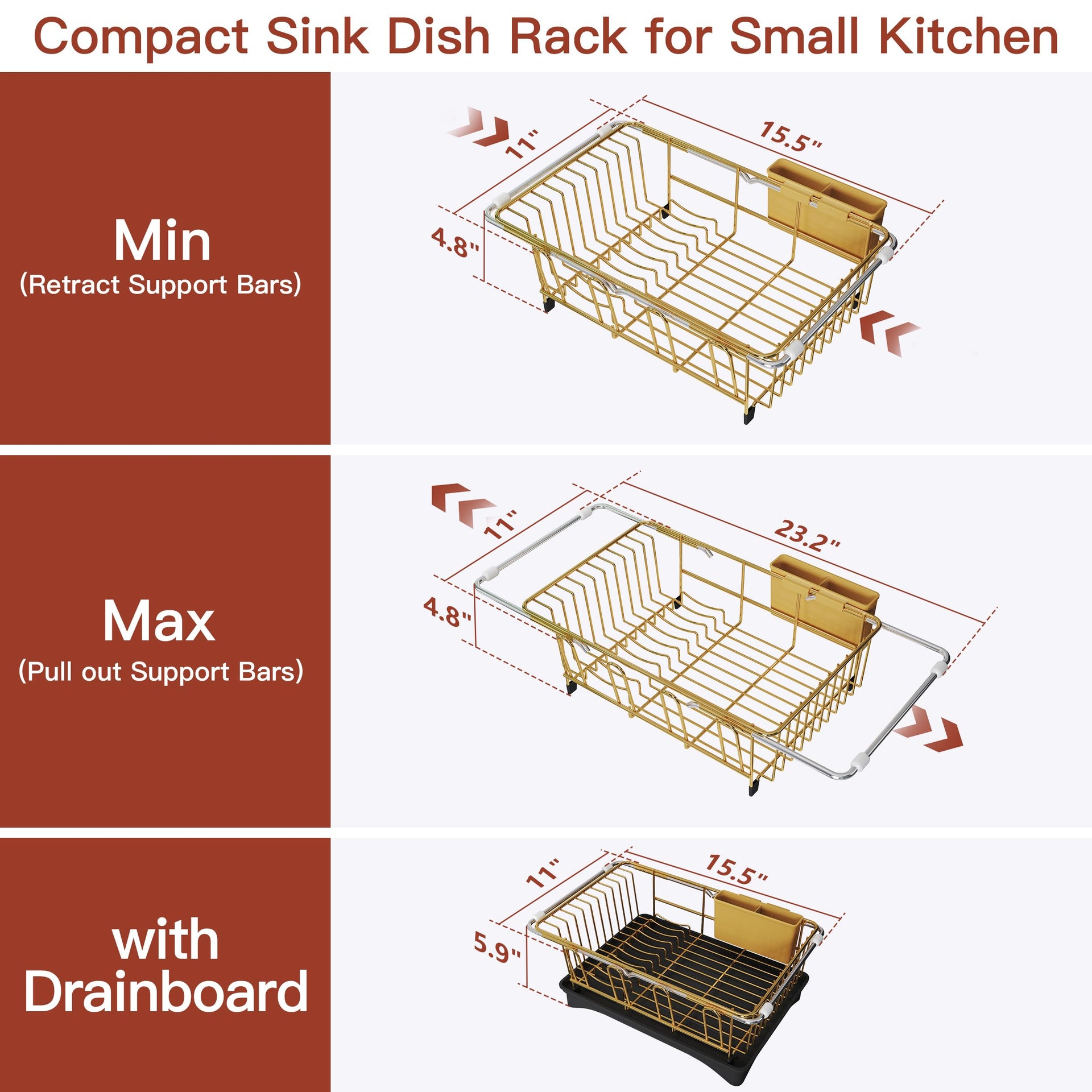 Gold Dish Drying Rack in Sink with Drainboard and Utensil Holder