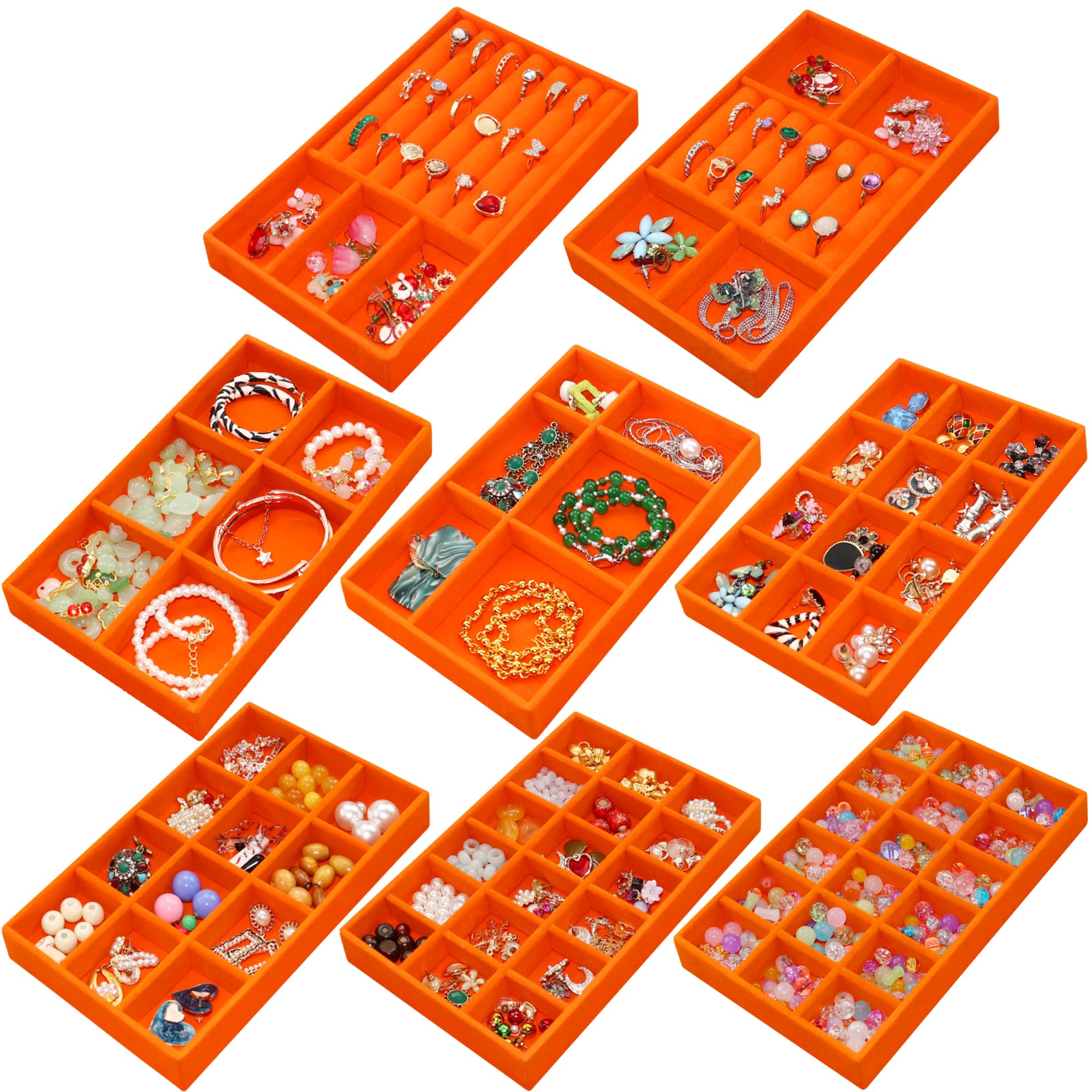 Jewelry Organizer Tray Stackable Velvet Jewelry Trays Drawer Inserts Earring Ring Necklace Organizer Display Case (8 Count)