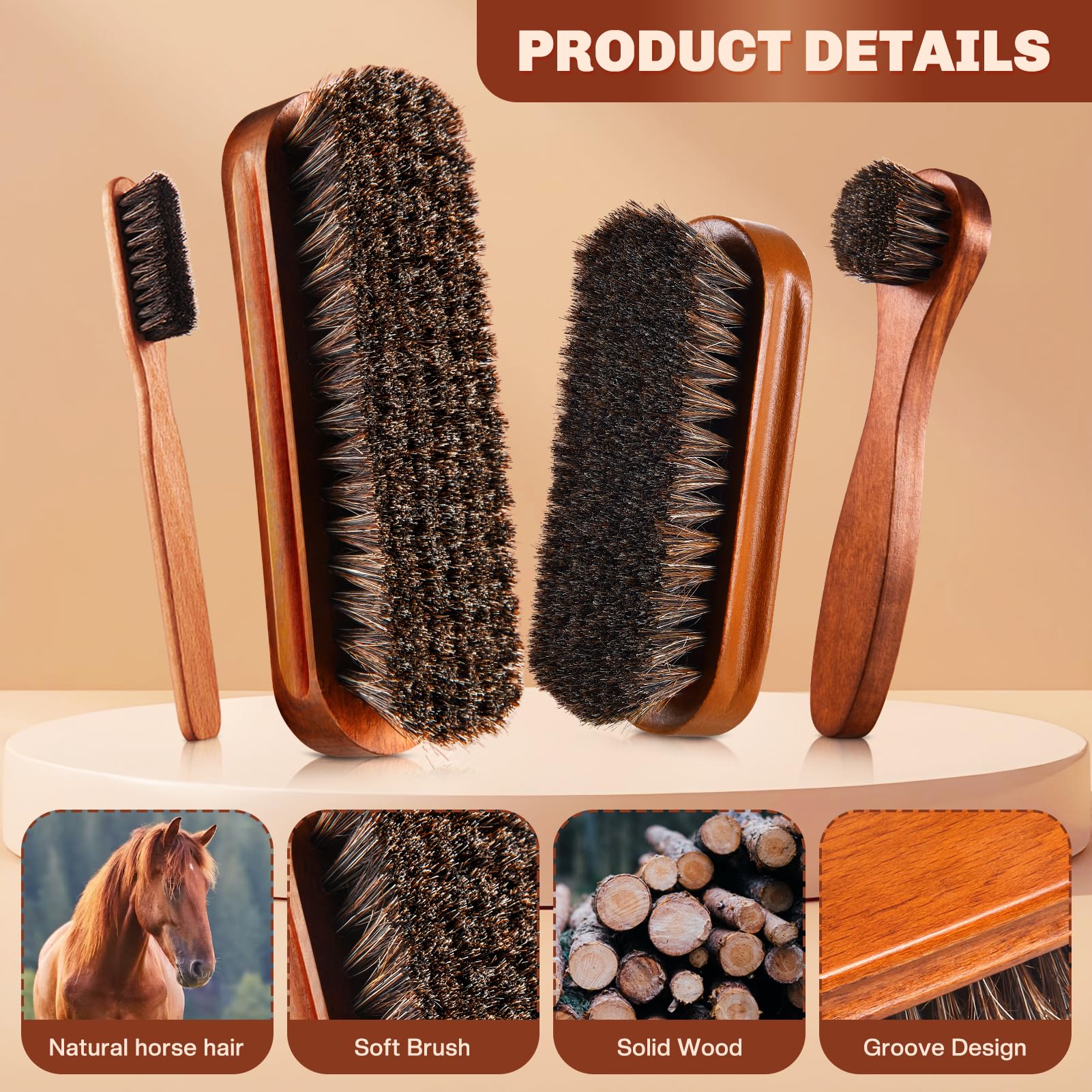 4 Pcs Horsehair Shine Shoes Brush Kit Polish Dauber Applicators Cleaning Leather Shoes Boots Care Brushes Suede Cleaner Brush with Microfiber Shoe Cloth (2.75 Count)