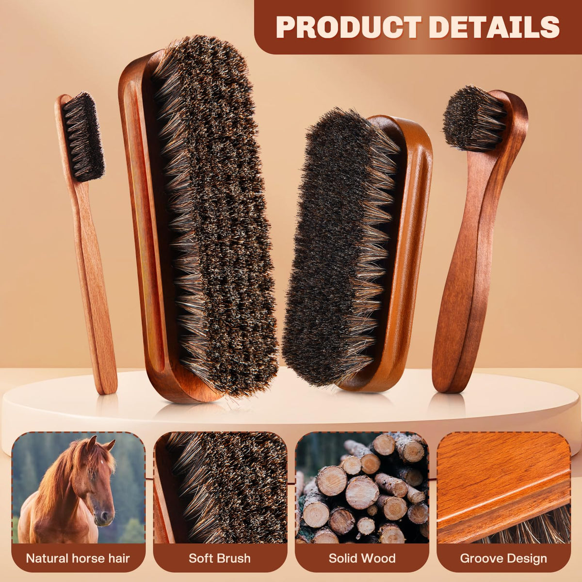 4 Pcs Horsehair Shine Shoes Brush Kit Polish Dauber Applicators Cleaning Leather Shoes Boots Care Brushes Suede Cleaner Brush with Microfiber Shoe Cloth (2.75 Count)