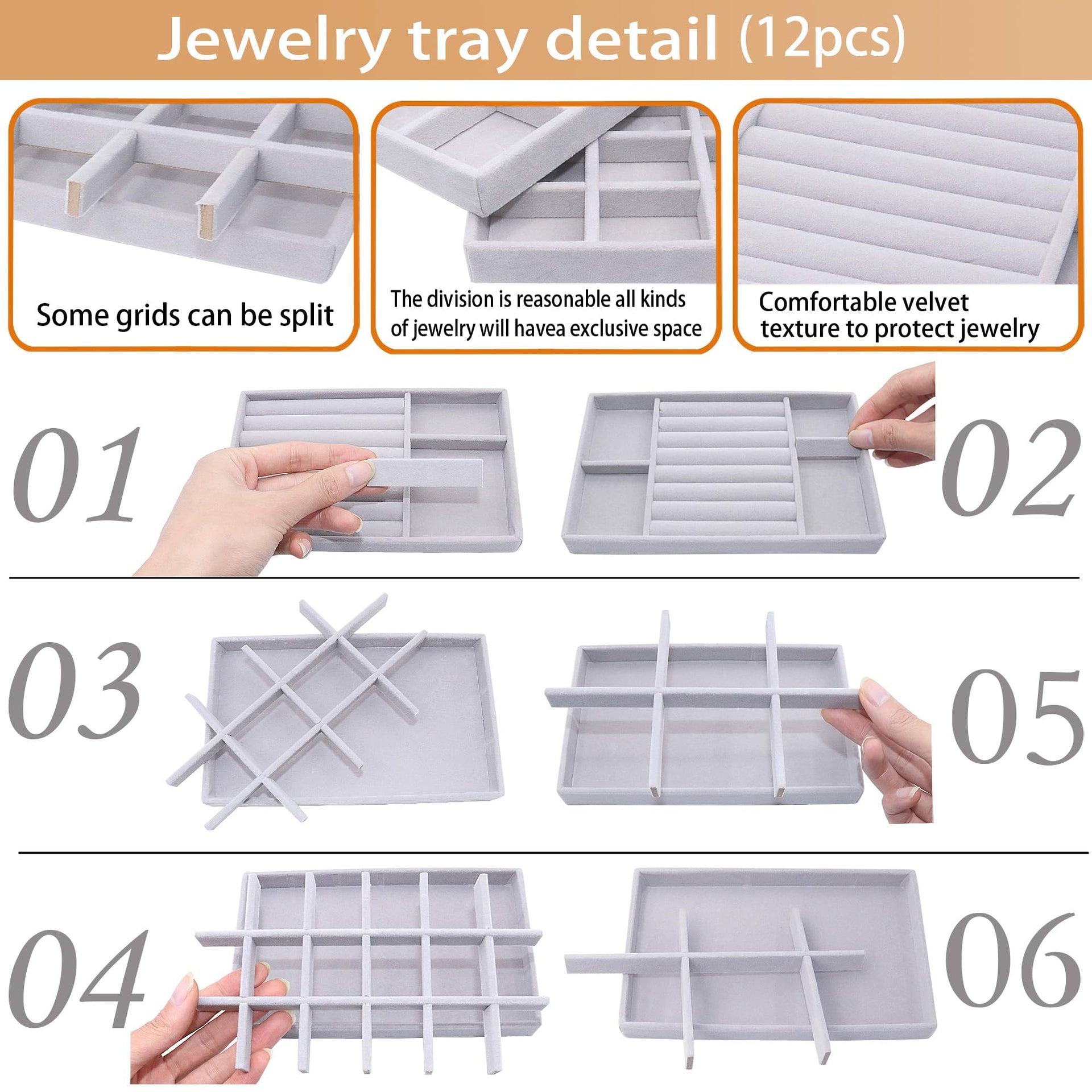 12 Set Jewelry Tray Velvet Jewelry Drawer Organizer Necklace Bracelet Display Tray for Earring (12 Count)