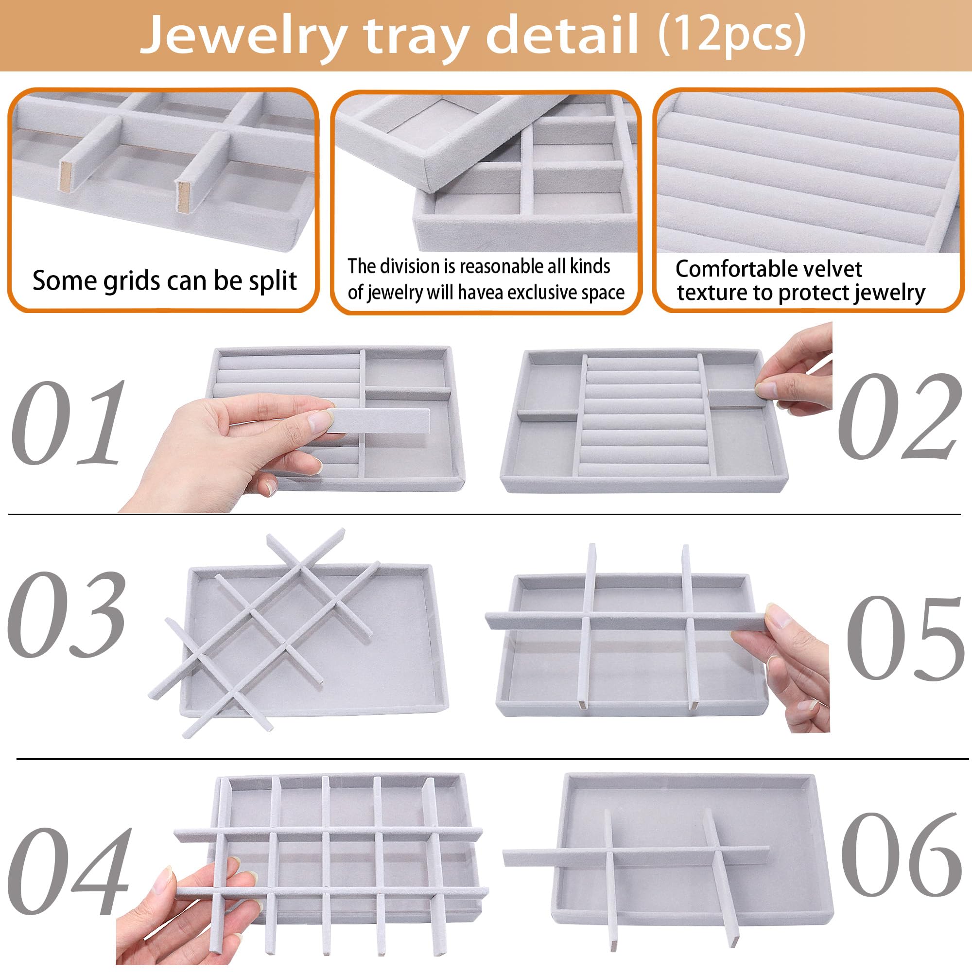 12 Set Jewelry Tray Velvet Jewelry Drawer Organizer Necklace Bracelet Display Tray for Earring (12 Count)