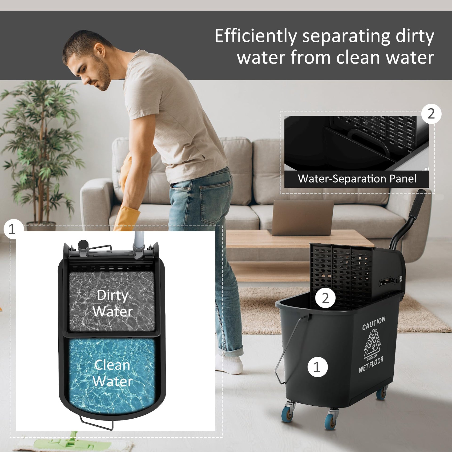 Commercial Mop Bucket Side Press Wringer Wheels 21 Quart Black