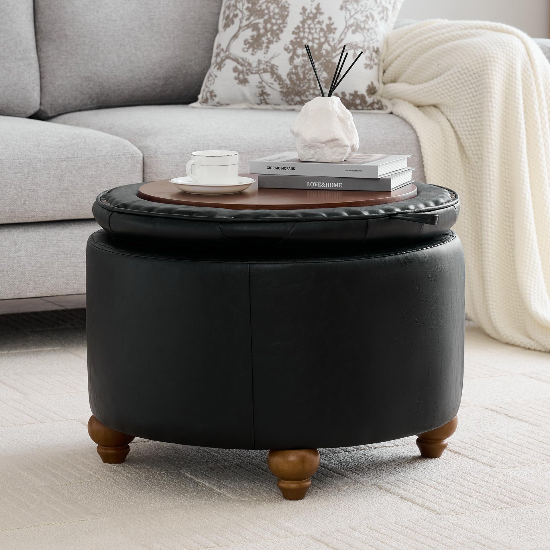 24Inch Round Storage Ottoman with Tray