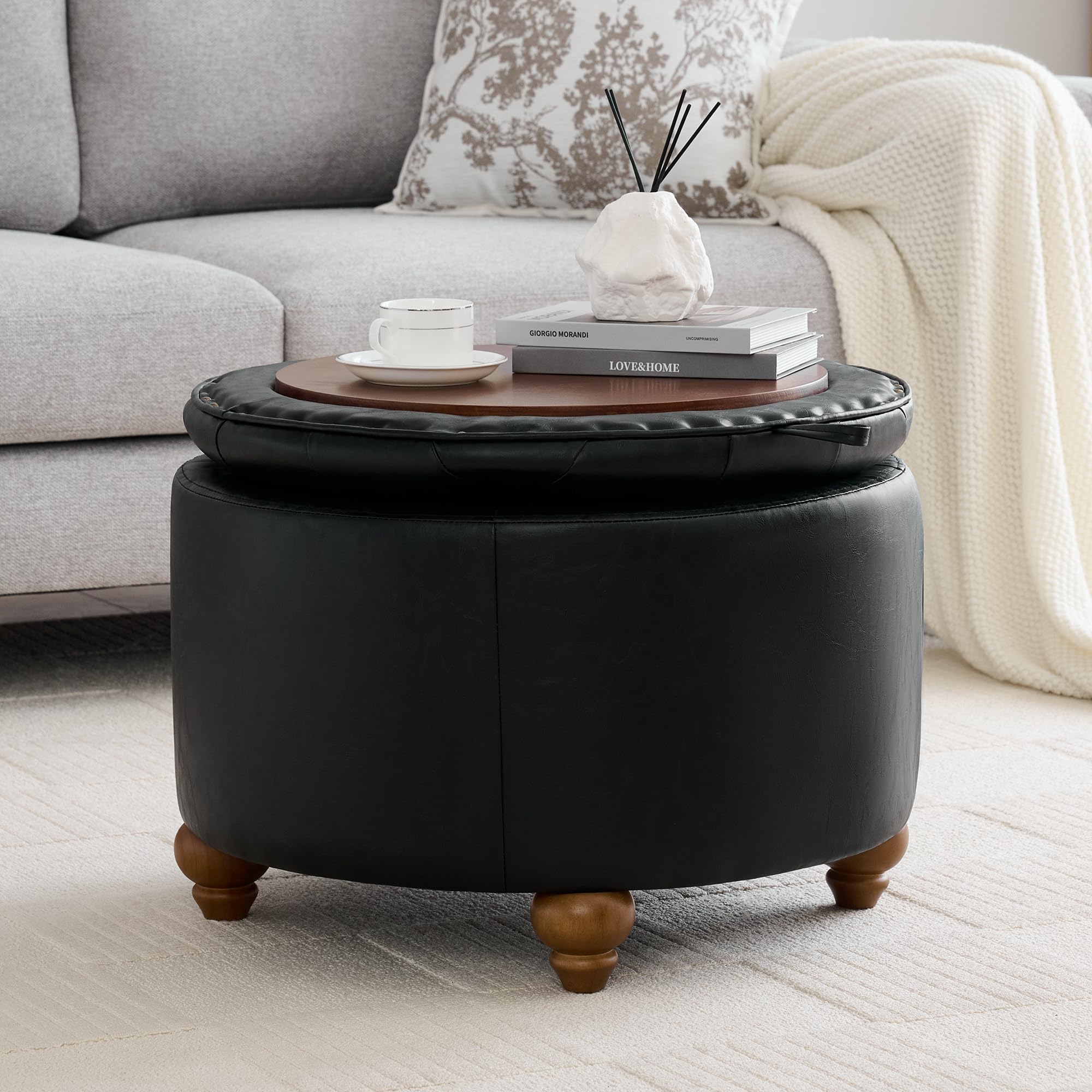 24Inch Round Storage Ottoman with Tray
