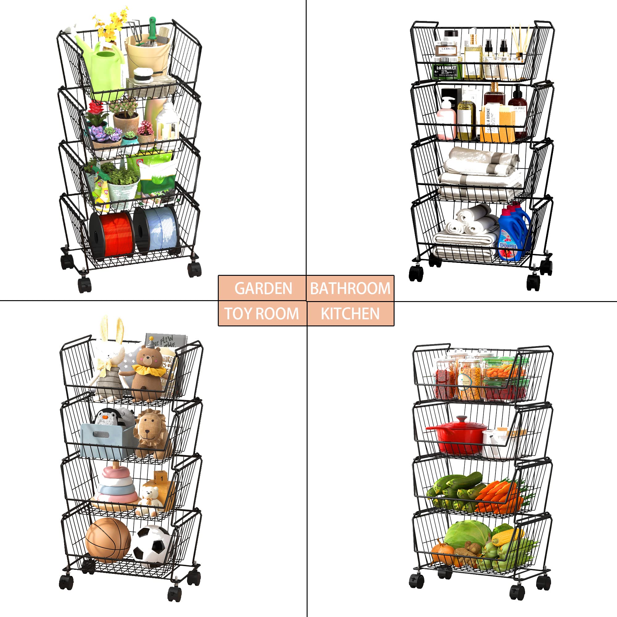 4 Tier Large Stackable Wire Storage Baskets with Wheels