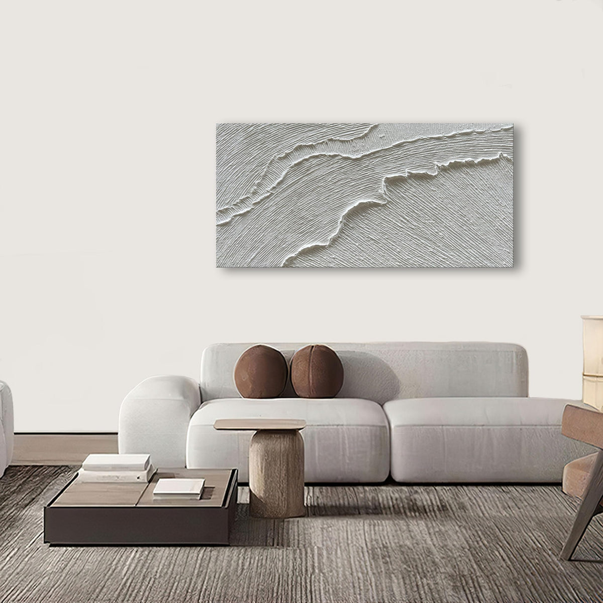 Art A thickly Textured White Abstract Oil Painting Depicting a Beach Wave Landscape. Artwork Suitable for Decorating The Interior Wall as a Decorative Piece 24x48 inches