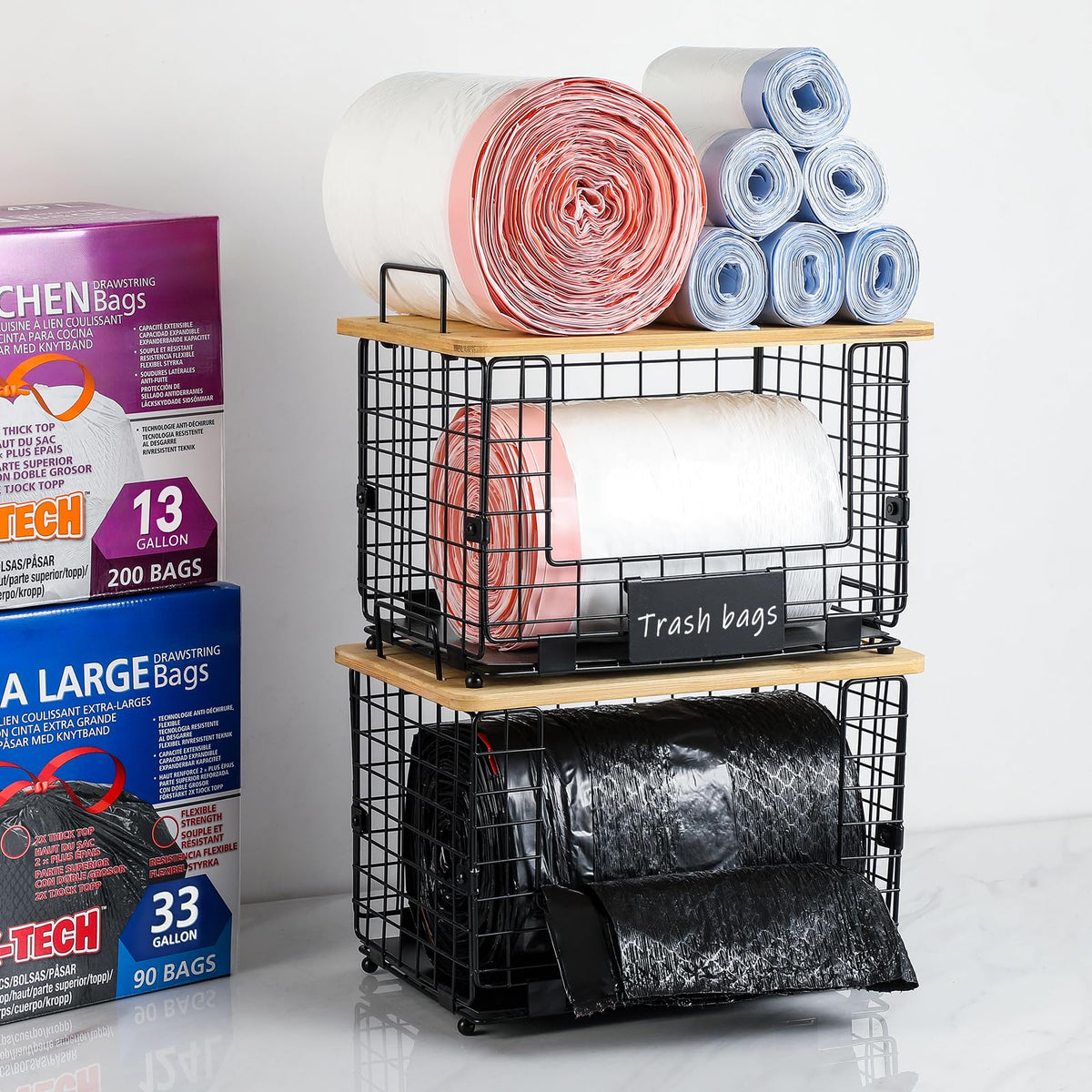 1 Pack Stackable Storage Trash Bag Baskets with Bamboo Top