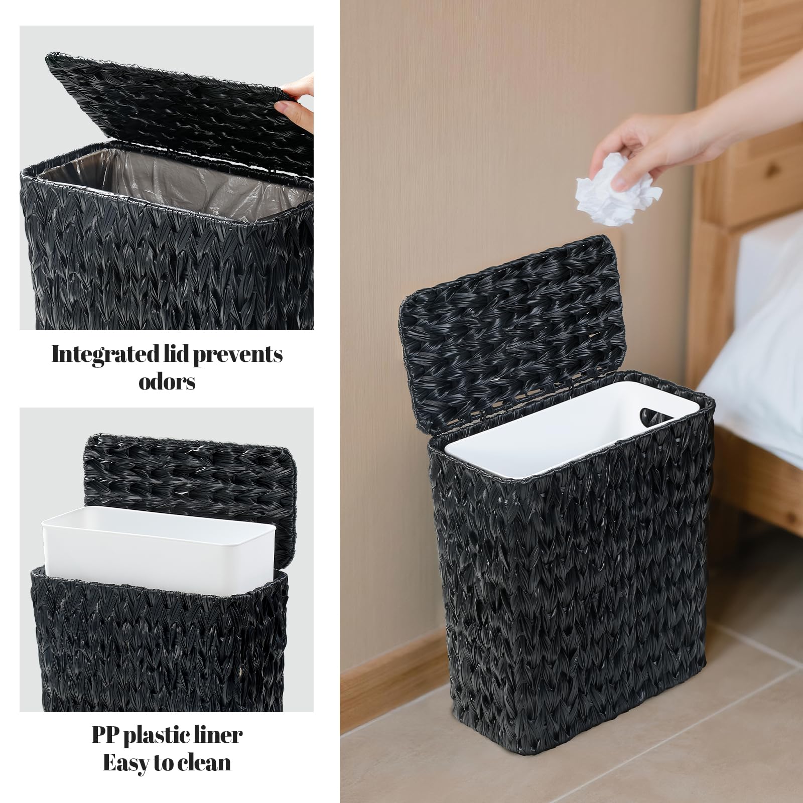 Black Wicker Trash Can with Lid and Liner