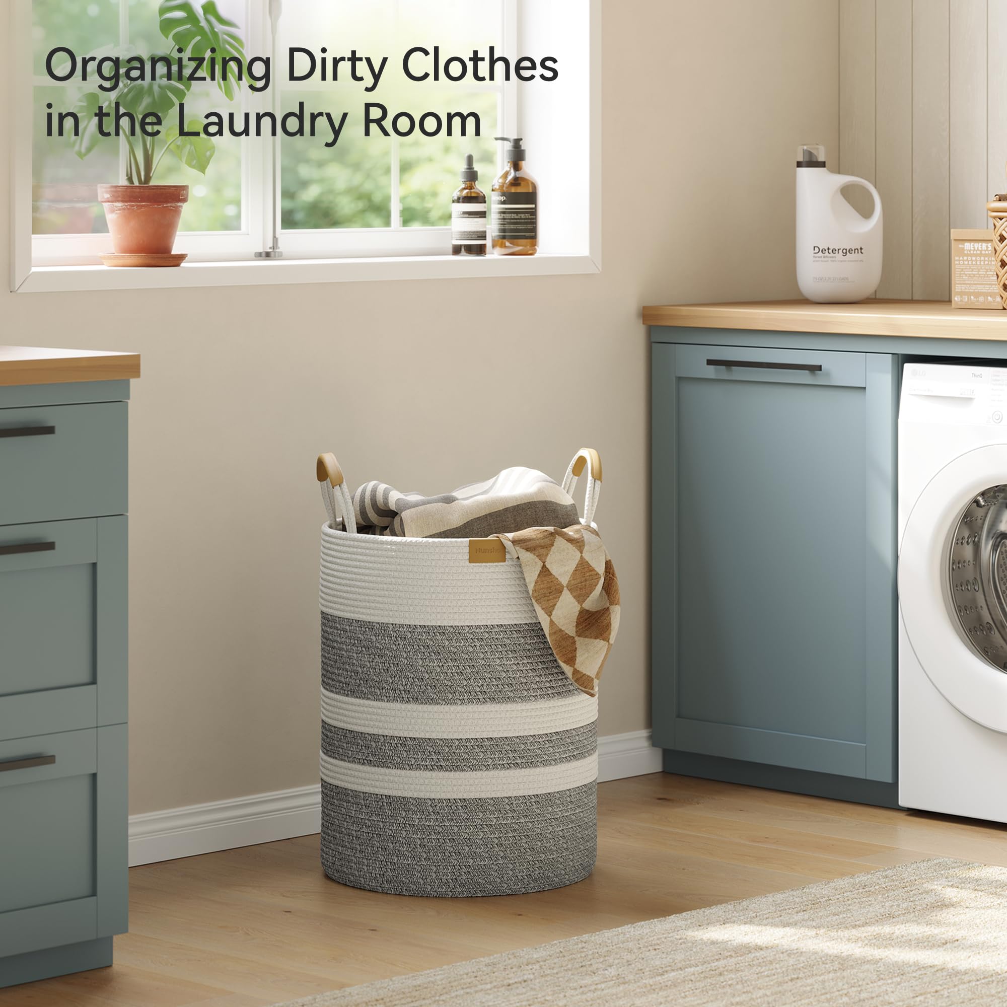 62L Striped Laundry Hamper with Leather Handles